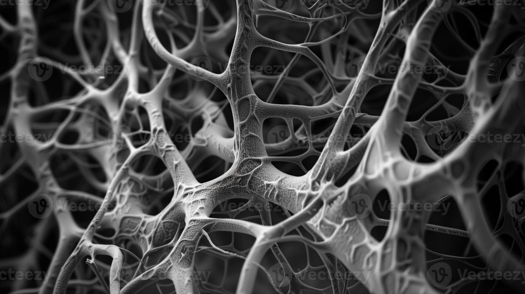 A high-resolution, monochrome micrograph of an intricate network of fibers in the skin resembling flowing water on the dark background. Generated by artificial intelligence. photo