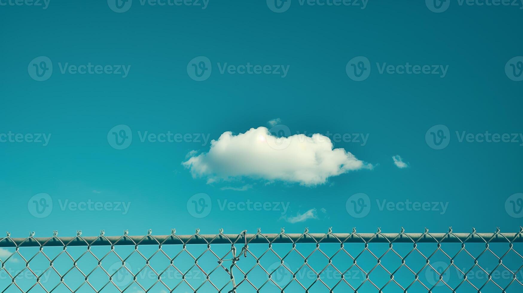 Clouds in the blue sky behind an open chain link fence. photo