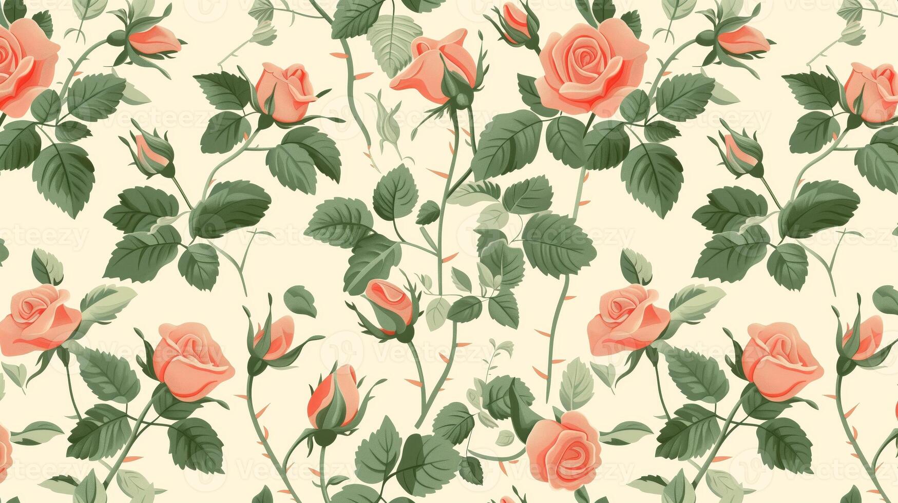 Peach-colored roses and green leaves pattern on a white background, in a vintage style, seamless wallpaper, with a pastel color palette. Generated by artificial intelligence. photo