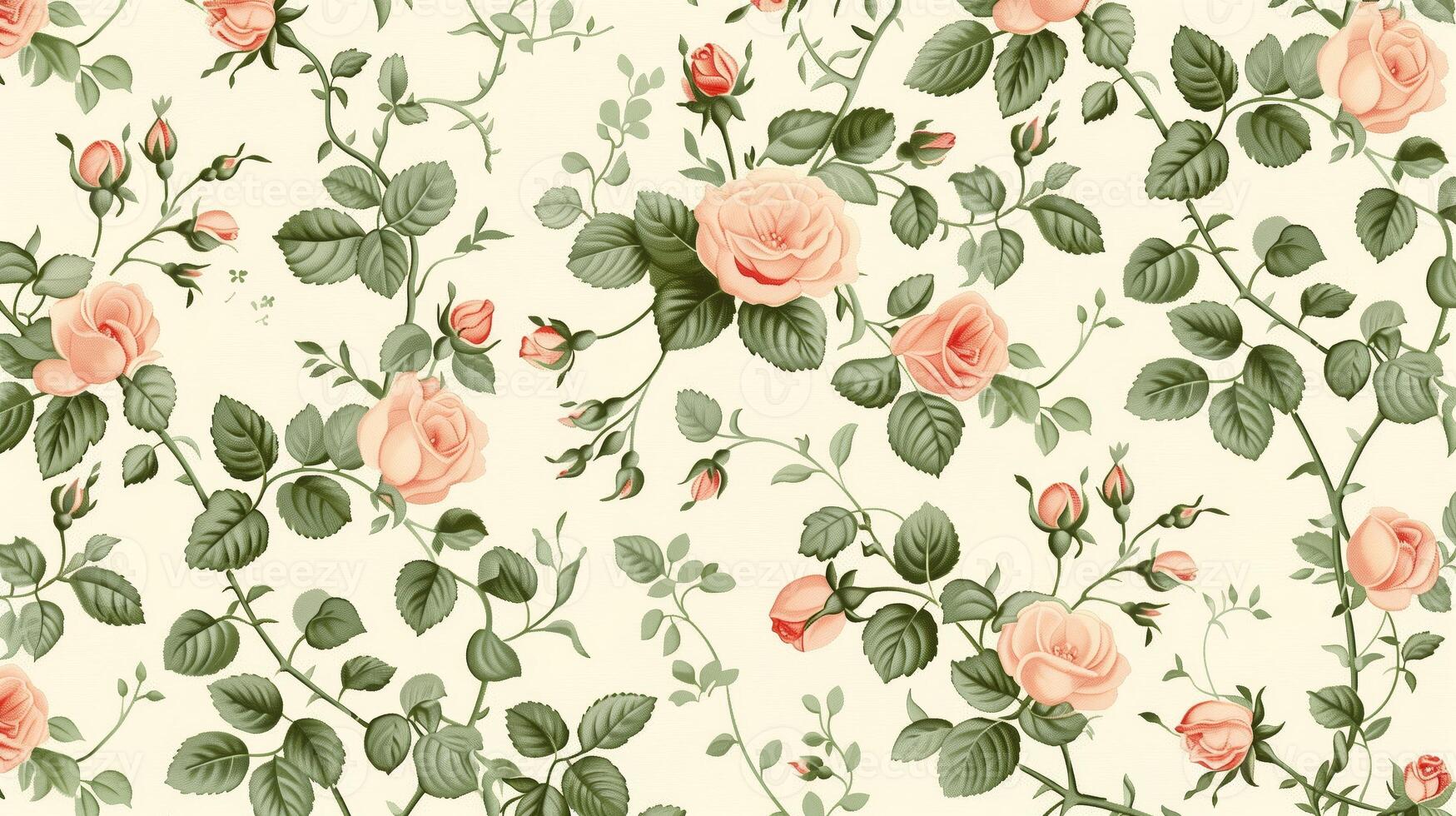 Peach-colored roses and green leaves pattern on a white background, in a vintage style, seamless wallpaper, with a pastel color palette. Generated by artificial intelligence. photo