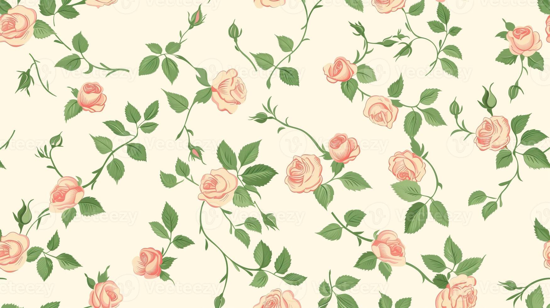 Peach-colored roses and green leaves pattern on a white background, in a vintage style, seamless wallpaper, with a pastel color palette. Generated by artificial intelligence. photo