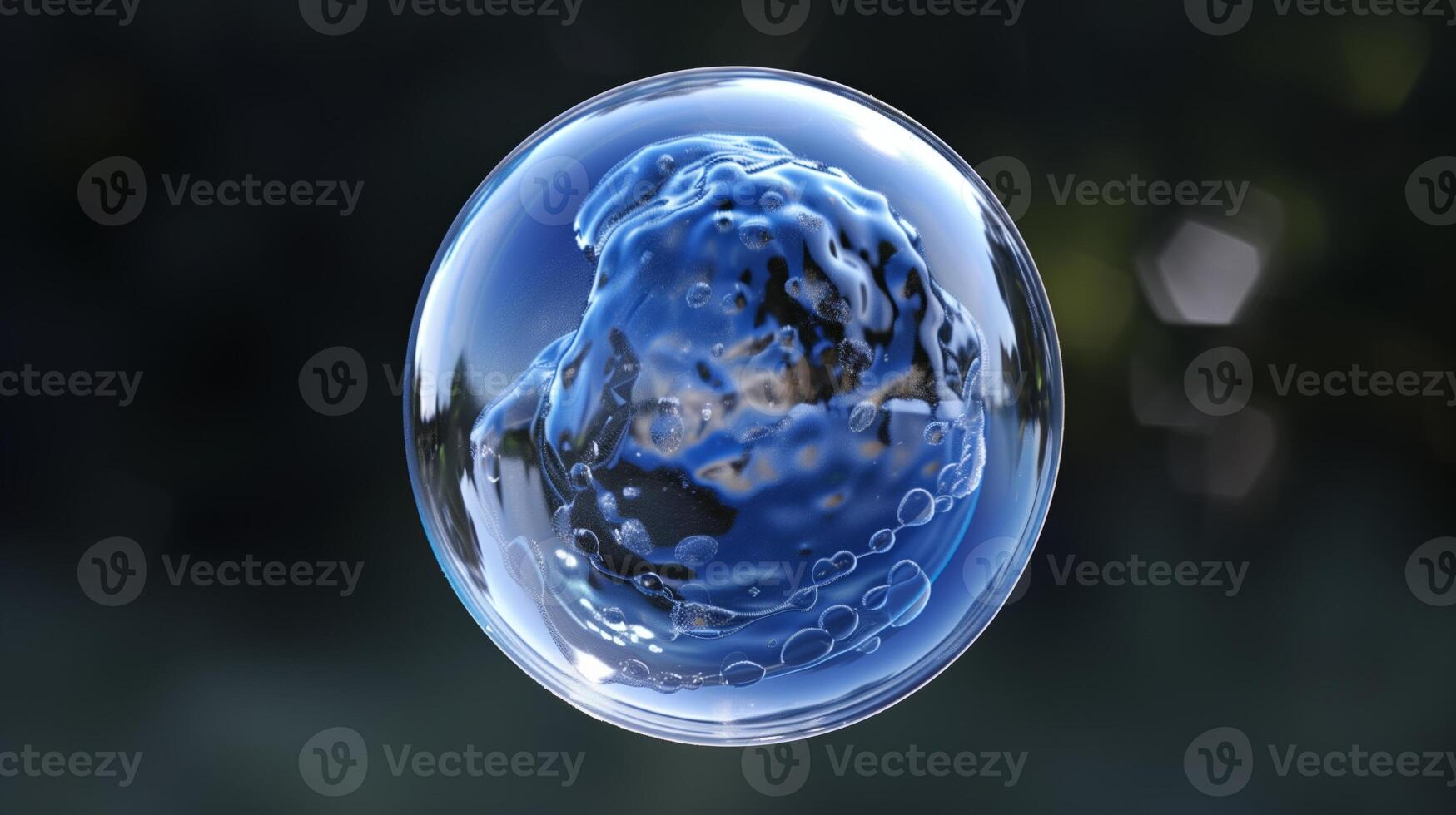 A sphere made of glass, clear and transparent, front view, black background, glass bubble. Generated by artificial intelligence. photo