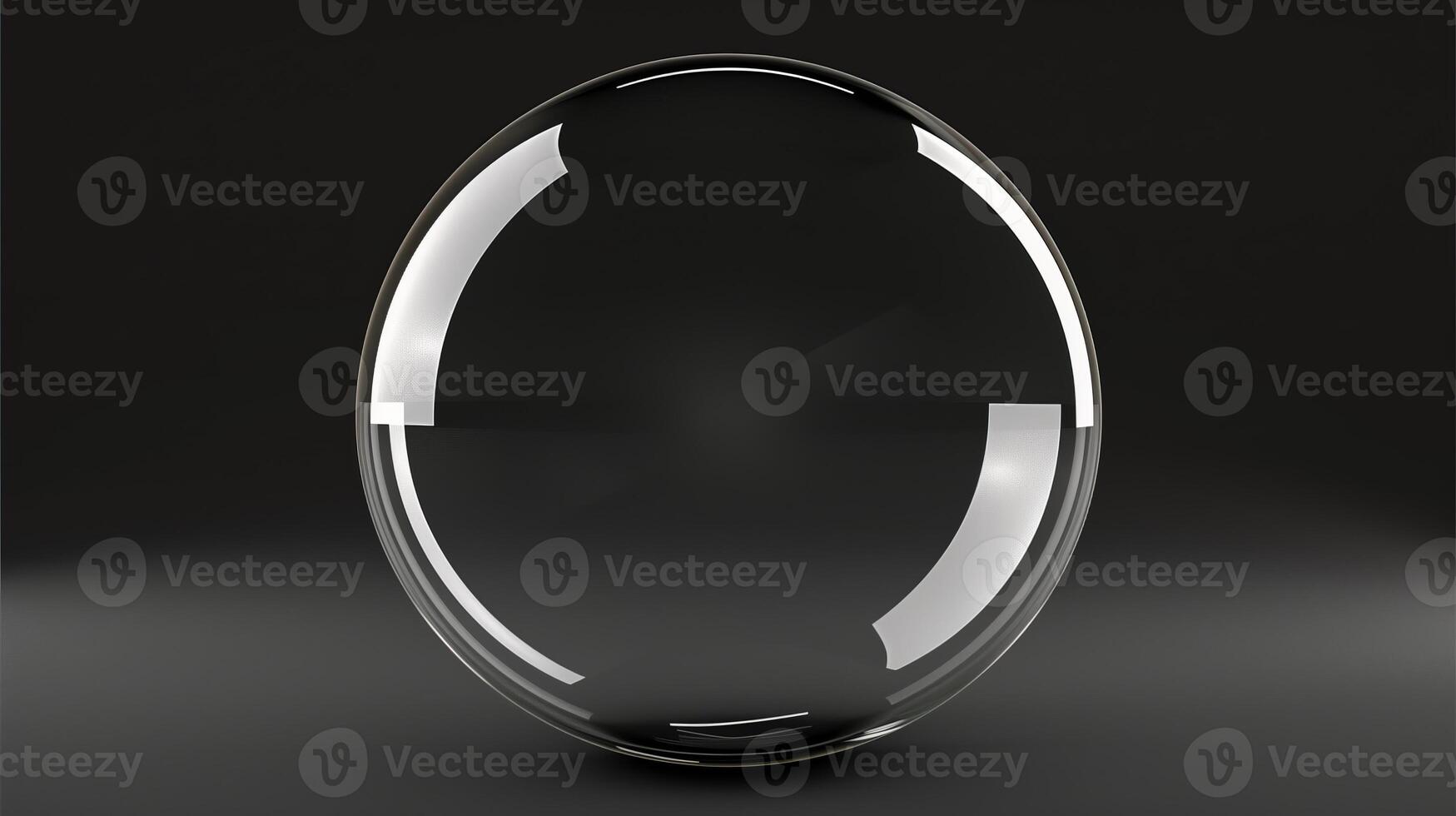 A sphere made of glass, clear and transparent, front view, black background, glass bubble. Generated by artificial intelligence. photo