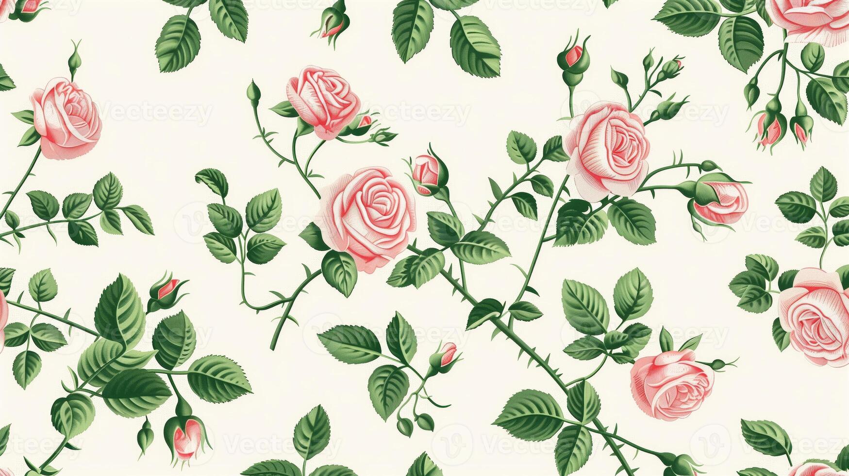 Peach-colored roses and green leaves pattern on a white background, in a vintage style, seamless wallpaper, with a pastel color palette. Generated by artificial intelligence. photo