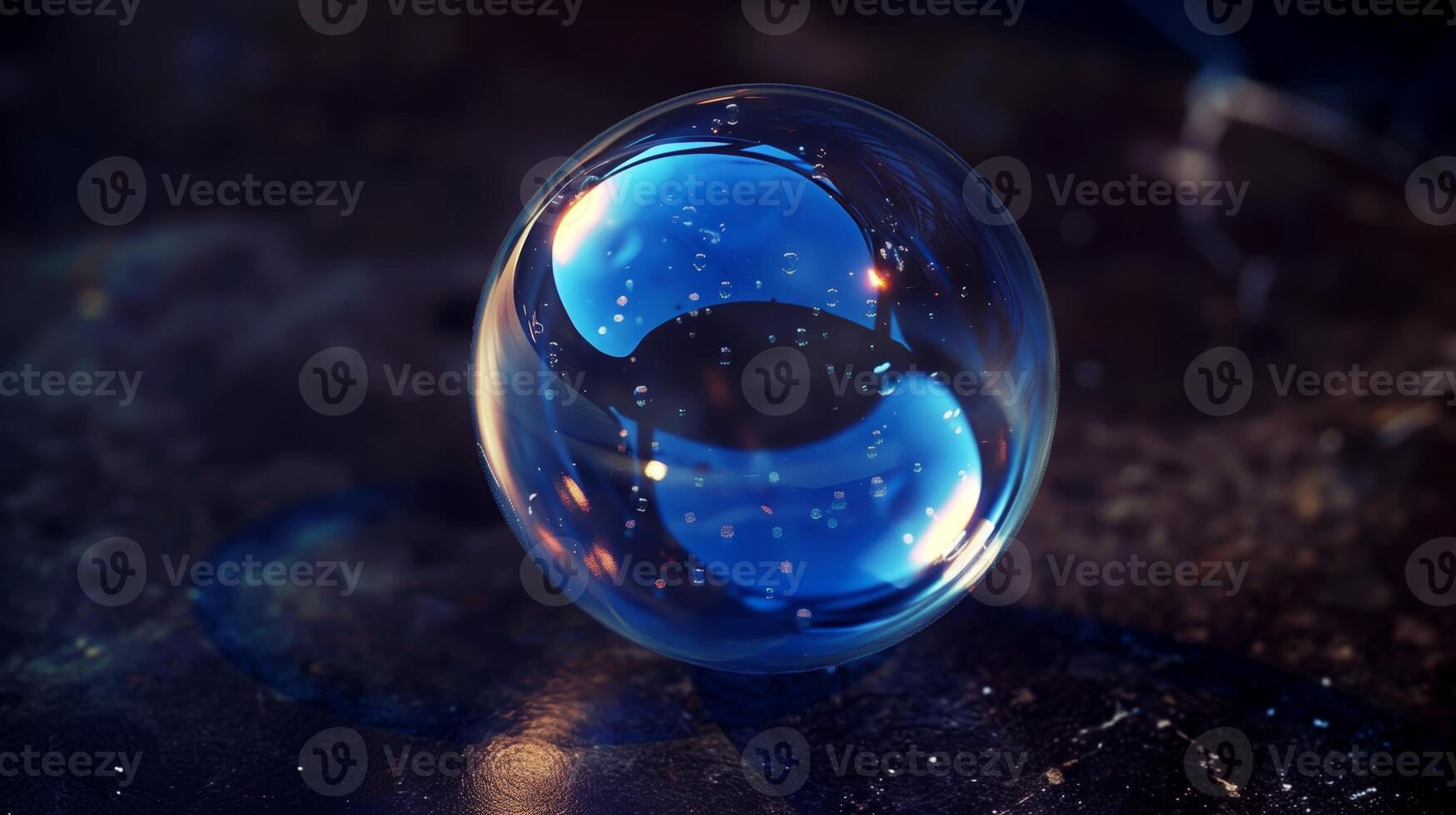 A sphere made of glass, clear and transparent, front view, black background, glass bubble. Generated by artificial intelligence. photo
