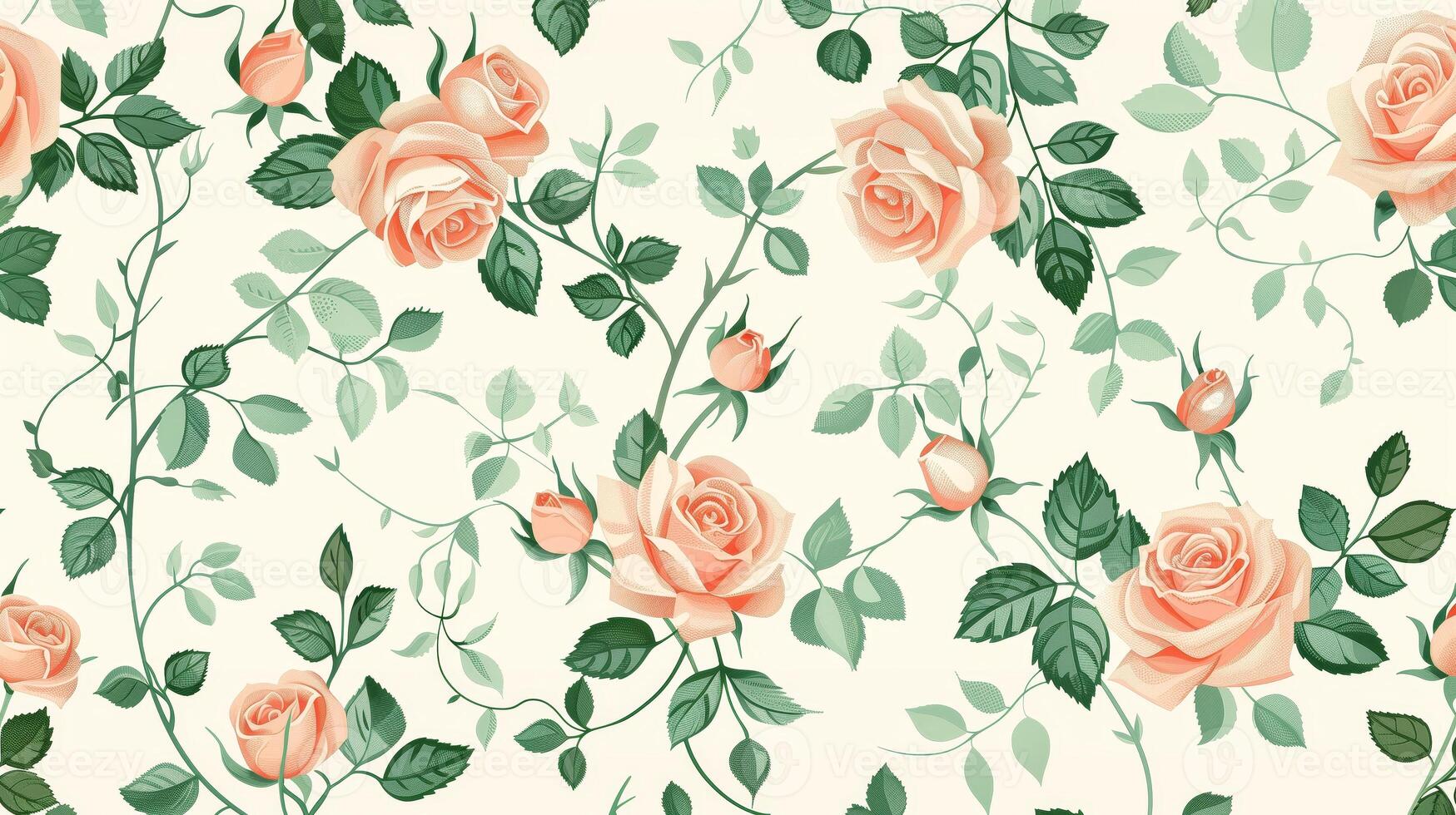 Peach-colored roses and green leaves pattern on a white background, in a vintage style, seamless wallpaper, with a pastel color palette. Generated by artificial intelligence. photo