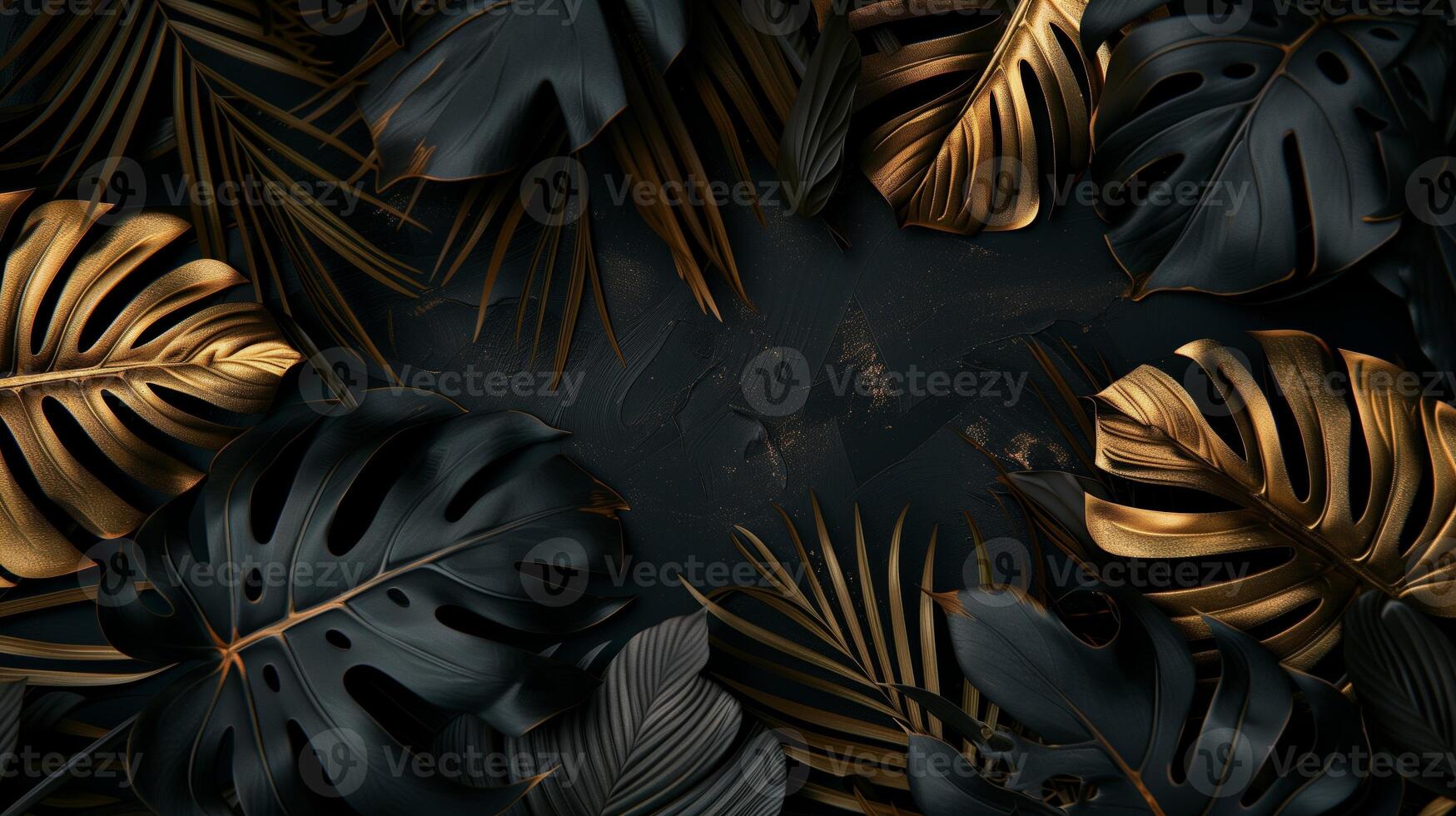 Black dark black cool background dark black and gold tropical leavs. Generated by artificial intelligence. photo