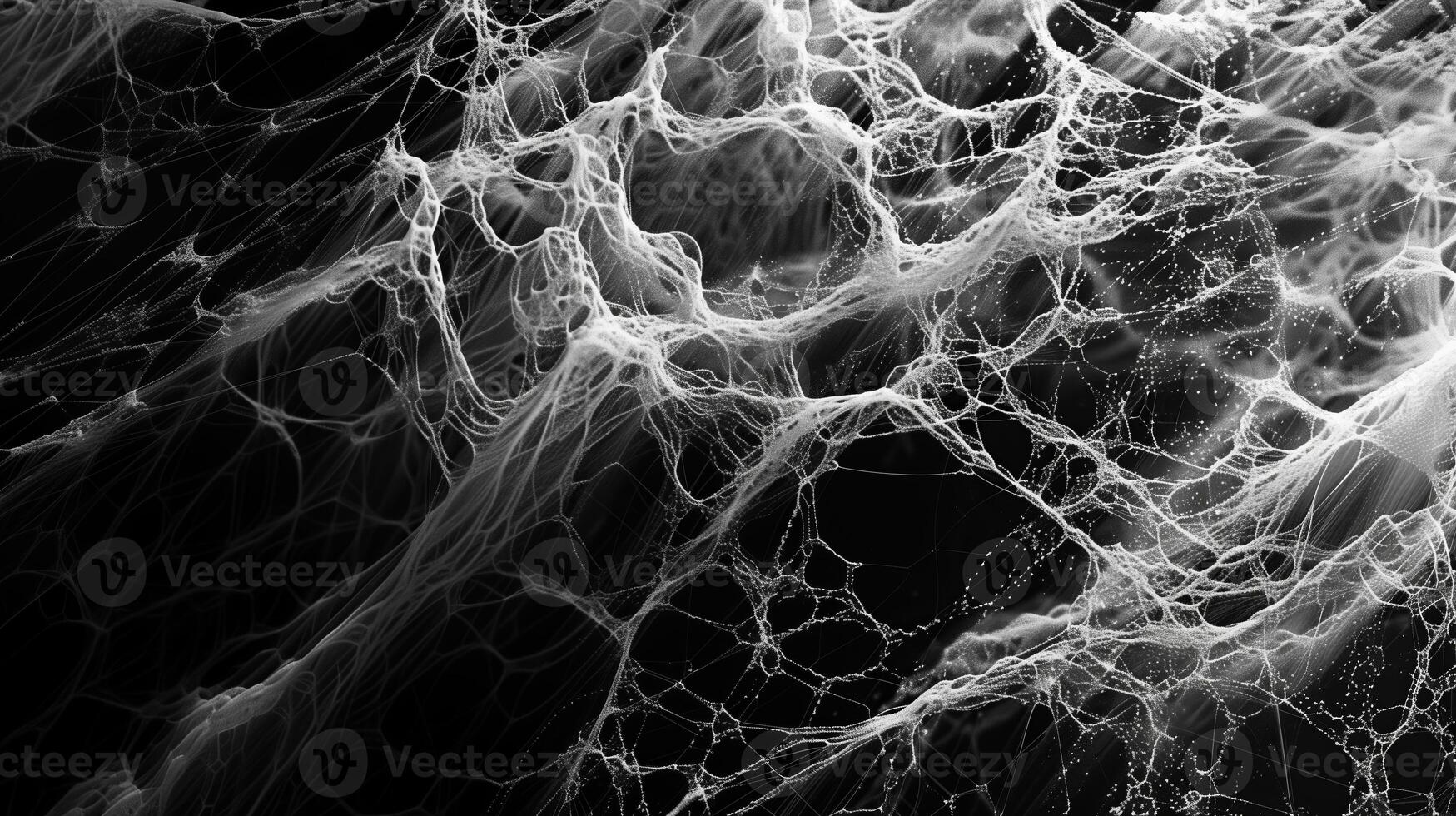 A high-resolution, monochrome micrograph of an intricate network of fibers in the skin resembling flowing water on the dark background. Generated by artificial intelligence. photo