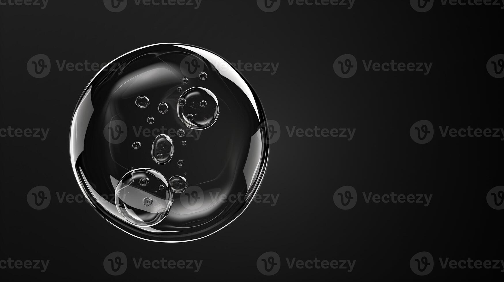 A sphere made of glass, clear and transparent, front view, black background, glass bubble. Generated by artificial intelligence. photo