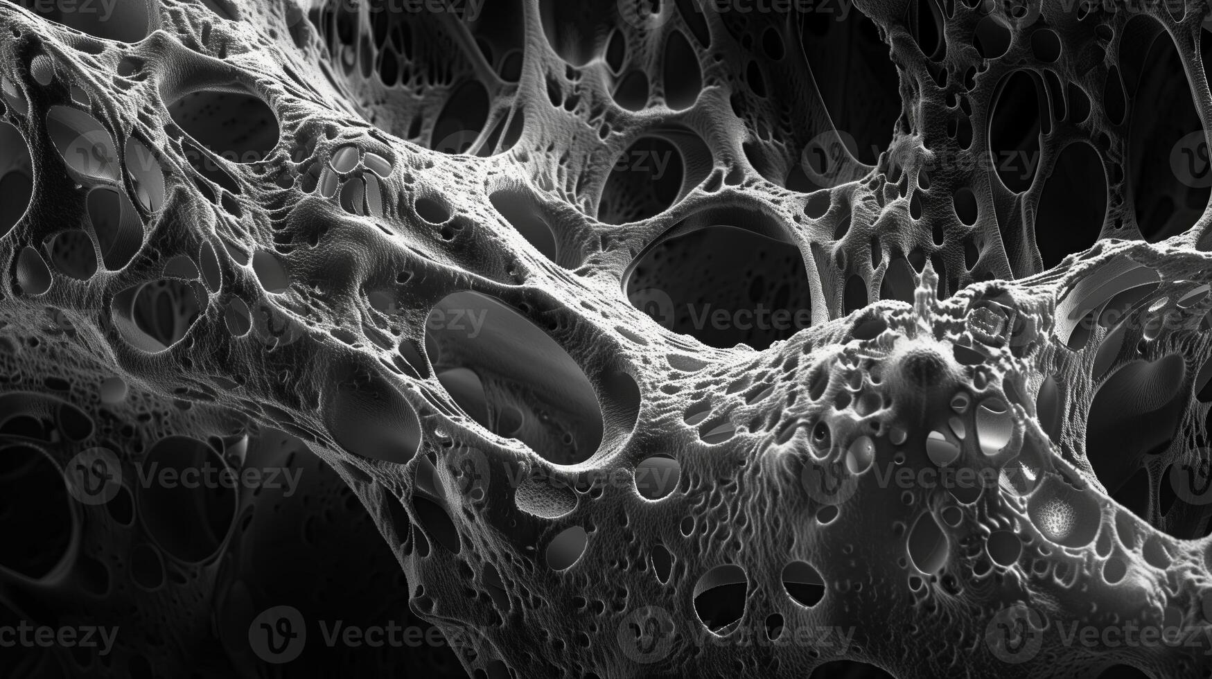 A high-resolution, monochrome micrograph of an intricate network of fibers in the skin resembling flowing water on the dark background. Generated by artificial intelligence. photo