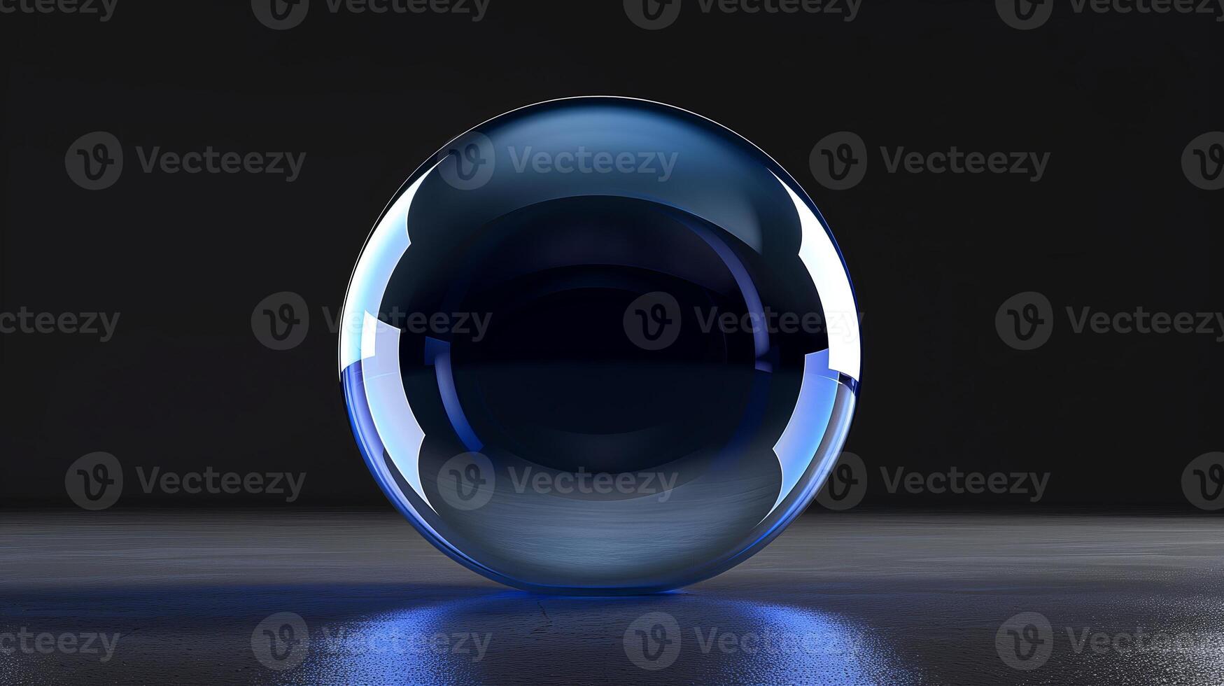 A sphere made of glass, clear and transparent, front view, black background, glass bubble. Generated by artificial intelligence. photo