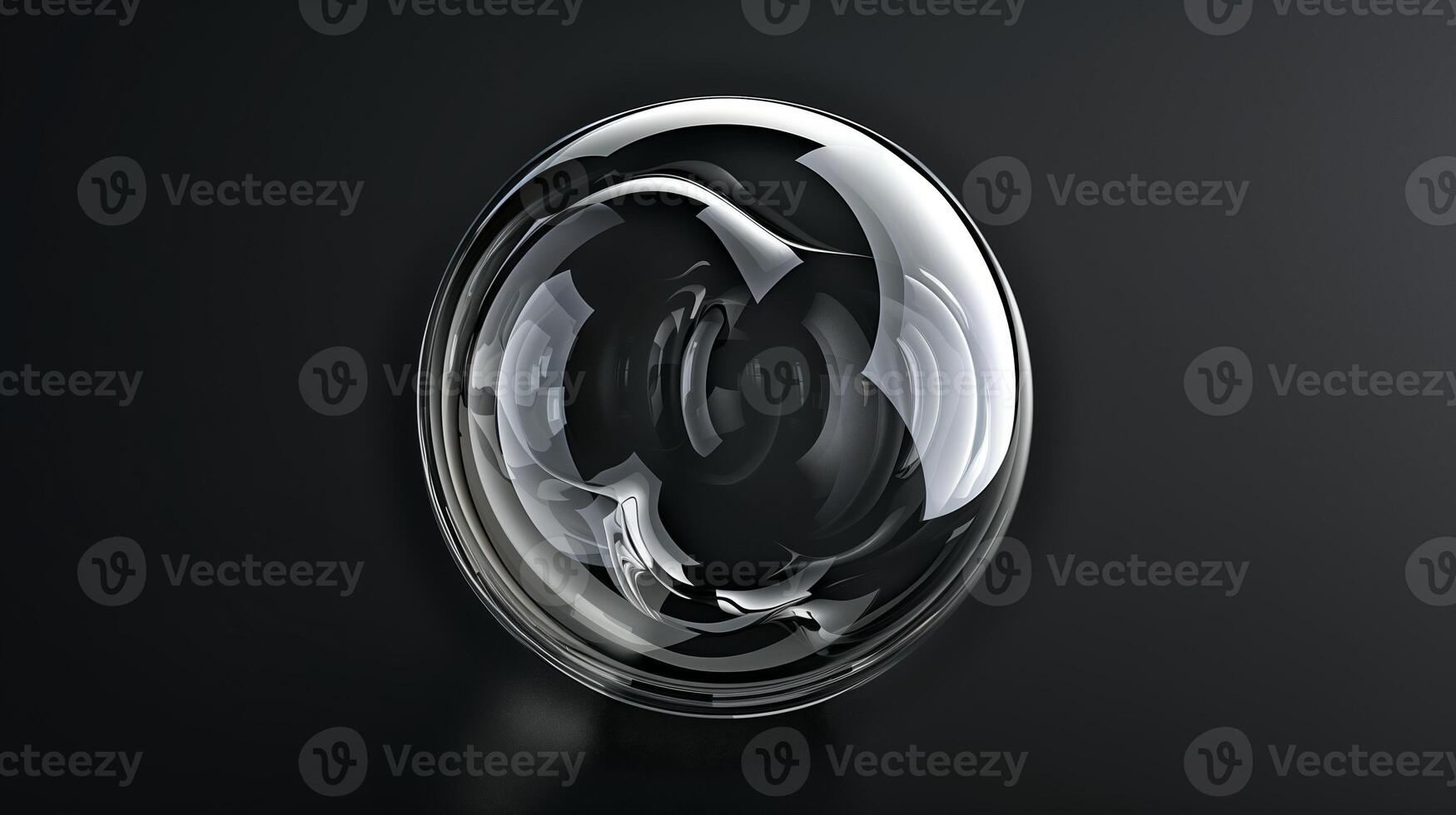 A sphere made of glass, clear and transparent, front view, black background, glass bubble. Generated by artificial intelligence. photo