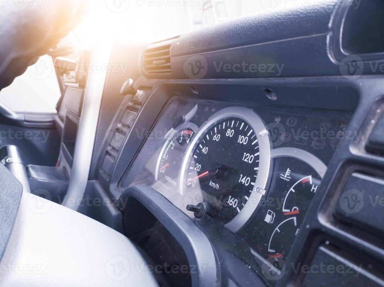 Car dashboard old type diaplay speed and indicator on vehicle truck. photo