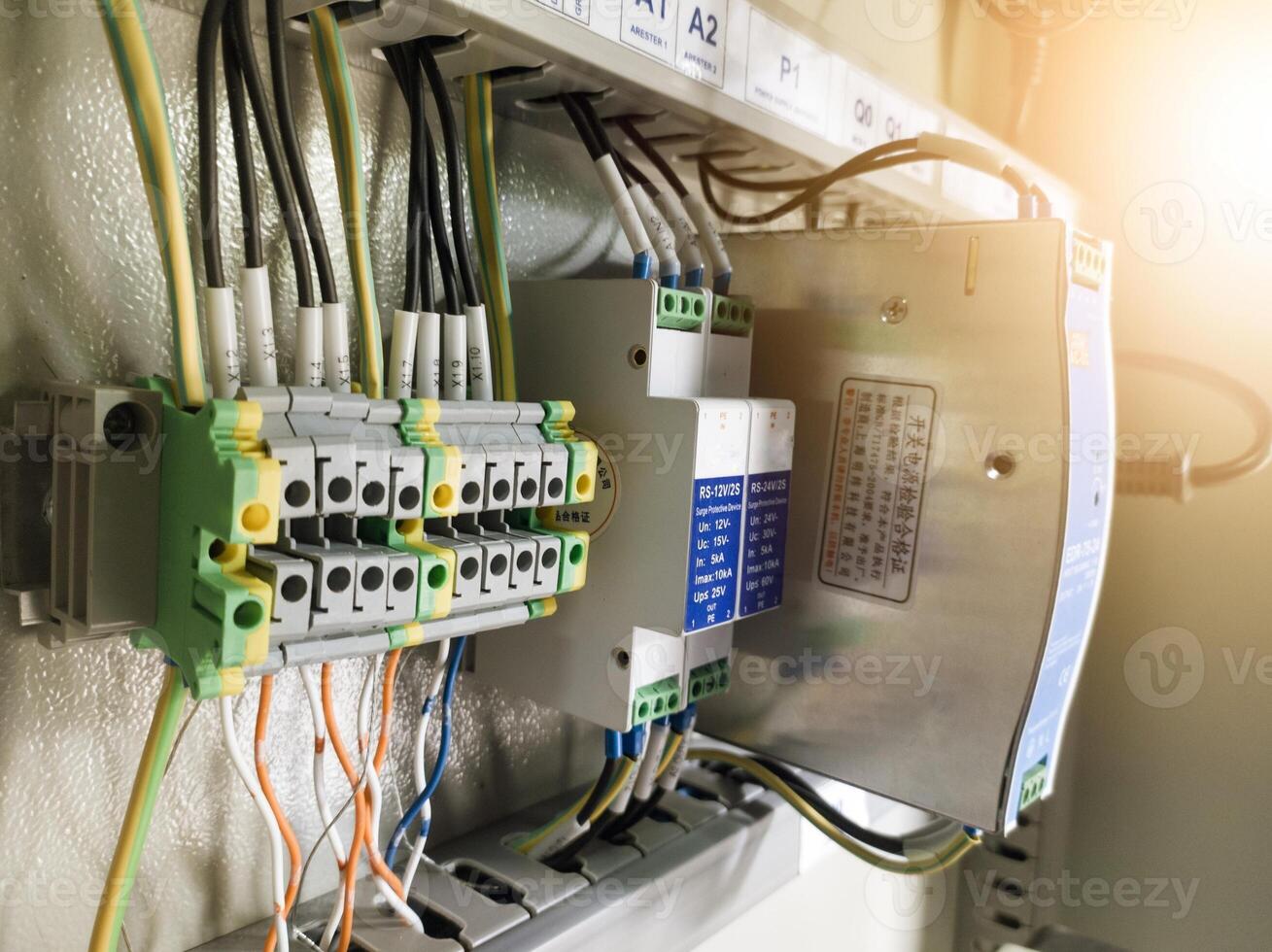 Electrical circuit terminal connection control board on the panel control. Technology of electrical control system. photo