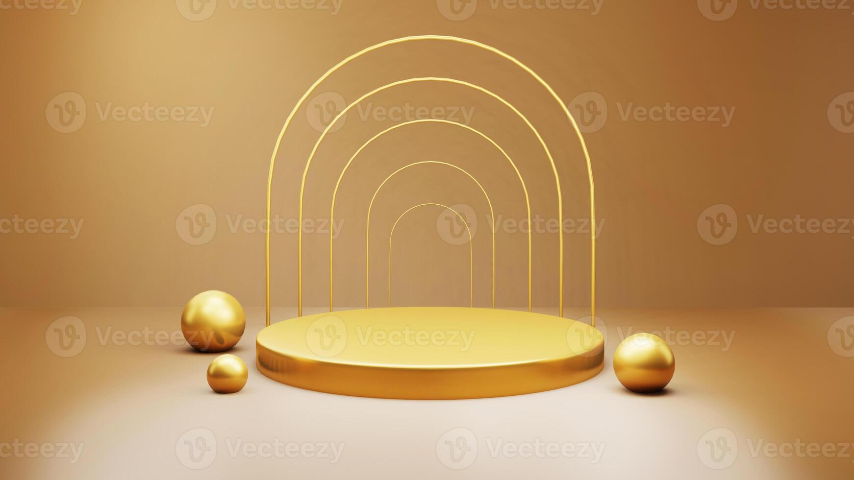 Gold Luxury podium color 3D background with geometric shapes circle, display empty pedestal on one floors Curved wall the platform for product presentation minimal, cosmetics, copy space, rendering. photo