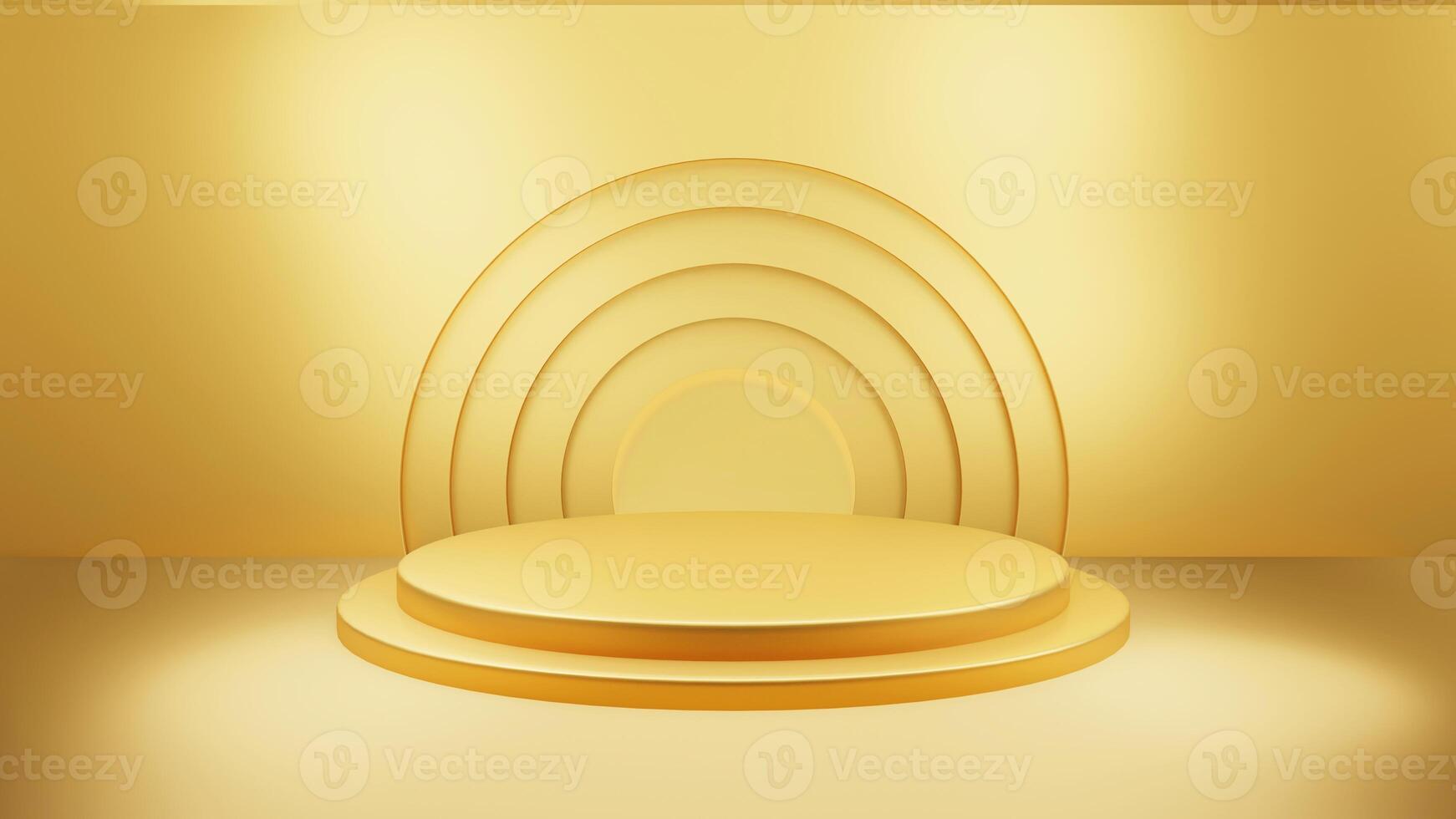 Gold Luxury podium color 3D background with geometric shapes circle, display empty pedestal on one floors Curved wall the platform for product presentation minimal, cosmetics, copy space, rendering. photo