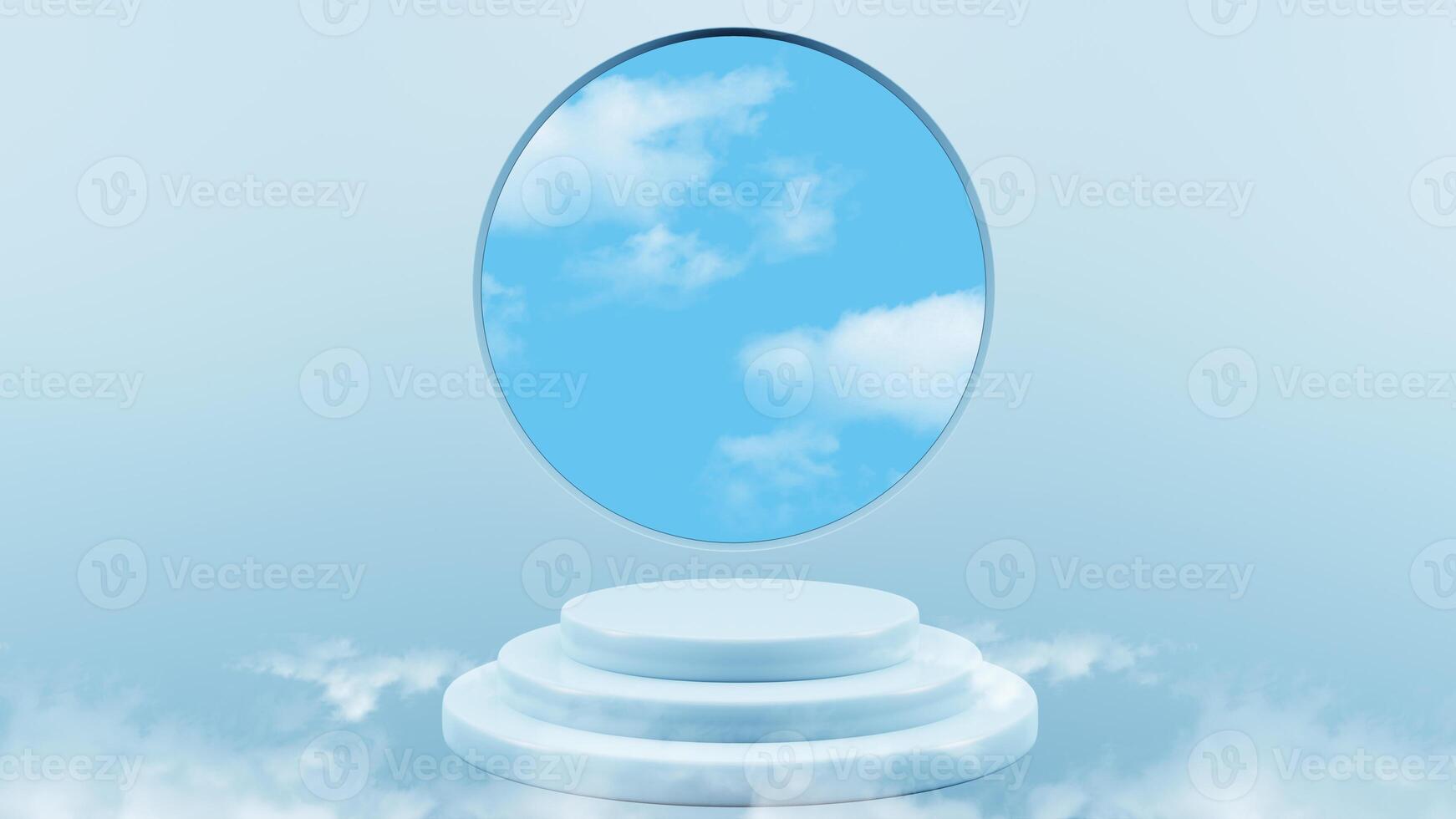 Blue podium 3D render mock up isolate montage photo with blue sky and soft clouds product display stand abstract background