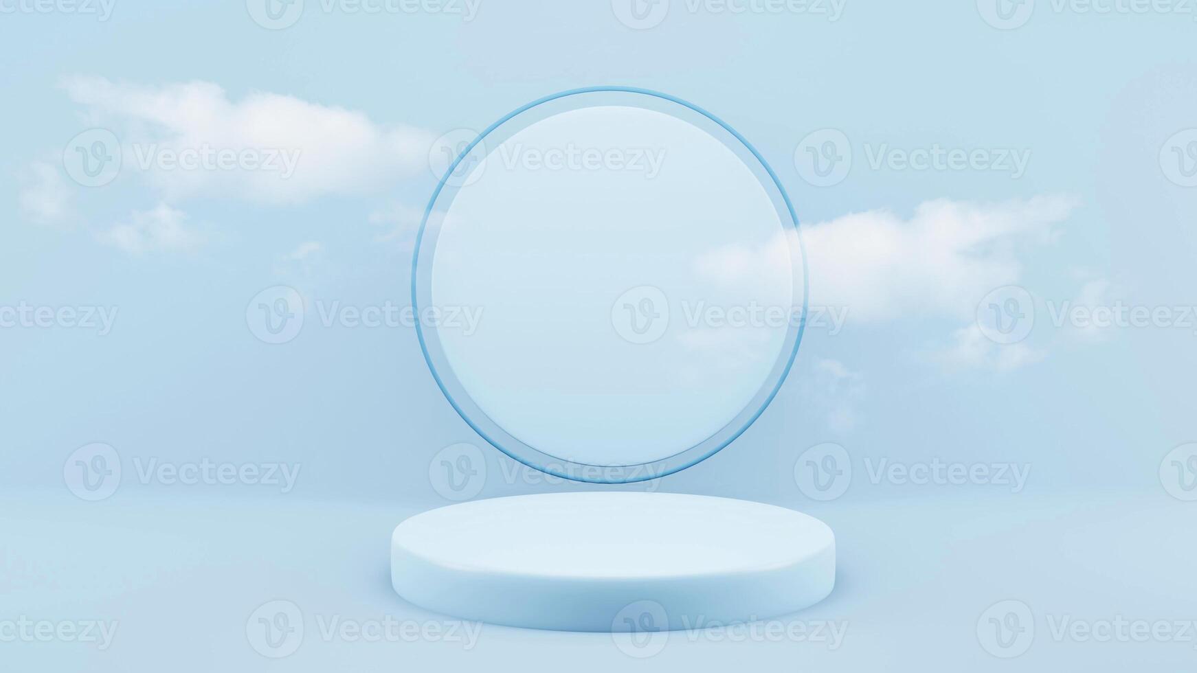 Blue podium 3D render mock up isolate montage photo with blue sky and soft clouds product display stand abstract background