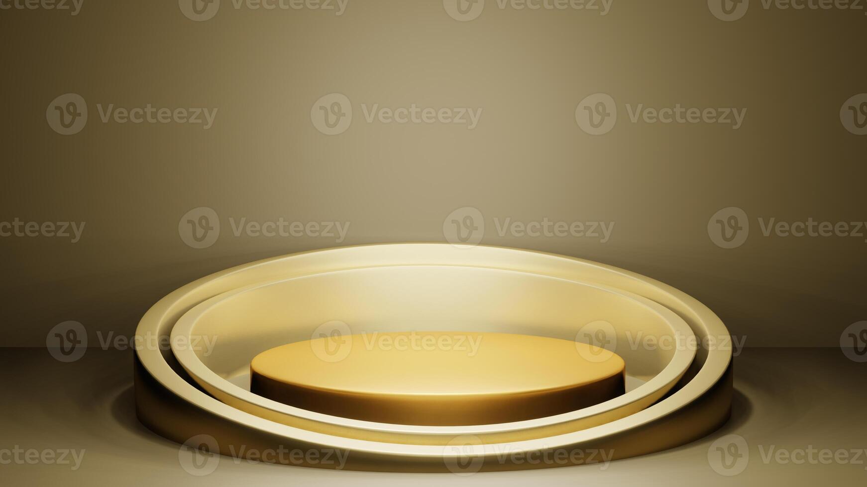 Gold Luxury podium color 3D background with geometric shapes circle, display empty pedestal on one floors Curved wall the platform for product presentation minimal, cosmetics, copy space, rendering. photo