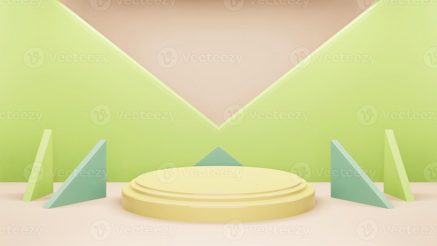 podium 3d background minimal yellow green scene with geometric platform. background 3d rendering with podium. podium to show cosmetic products. Stage showcase on pedestal modern 3d studio green pastel photo