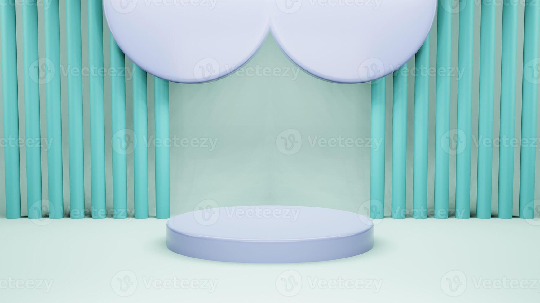 3D render illustration, Mock up podium for product presentation, pastel blue background, arc with curtains, Abstract composition in minimal design photo