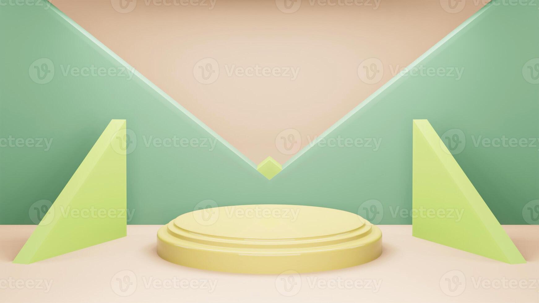 podium 3d background minimal yellow green scene with geometric platform. background 3d rendering with podium. podium to show cosmetic products. Stage showcase on pedestal modern 3d studio green pastel photo