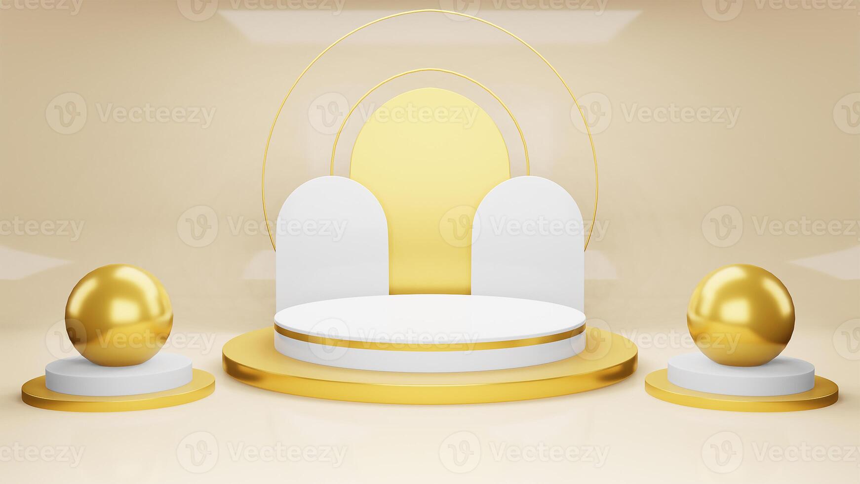 Minimal cosmetic background for product presentation. Cosmetic bottle podium and gold podium on gray color background. 3d rendering illustration. Object isolate photo