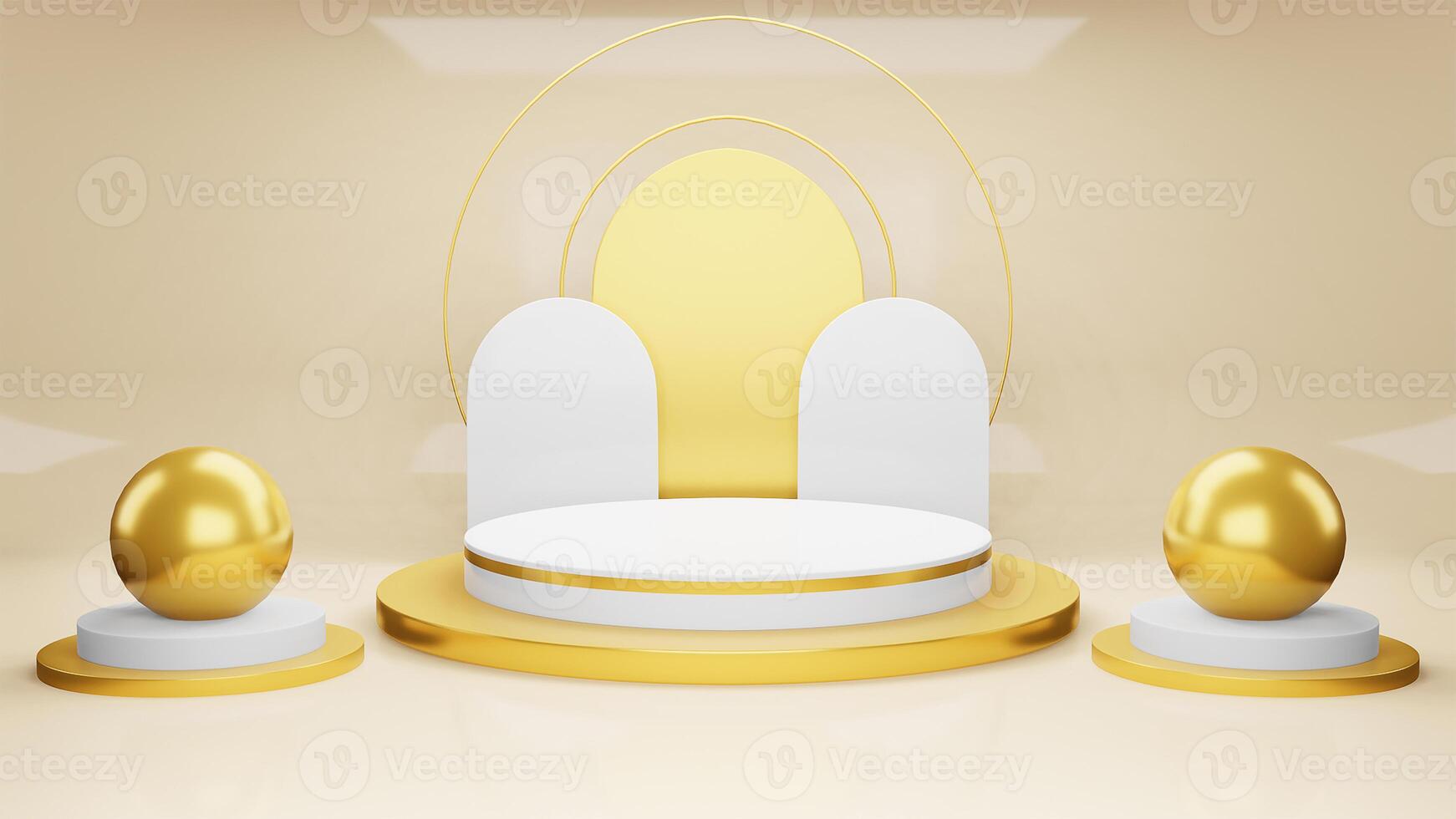 Minimal cosmetic background for product presentation. Cosmetic bottle podium and gold podium on gray color background. 3d rendering illustration. Object isolate photo