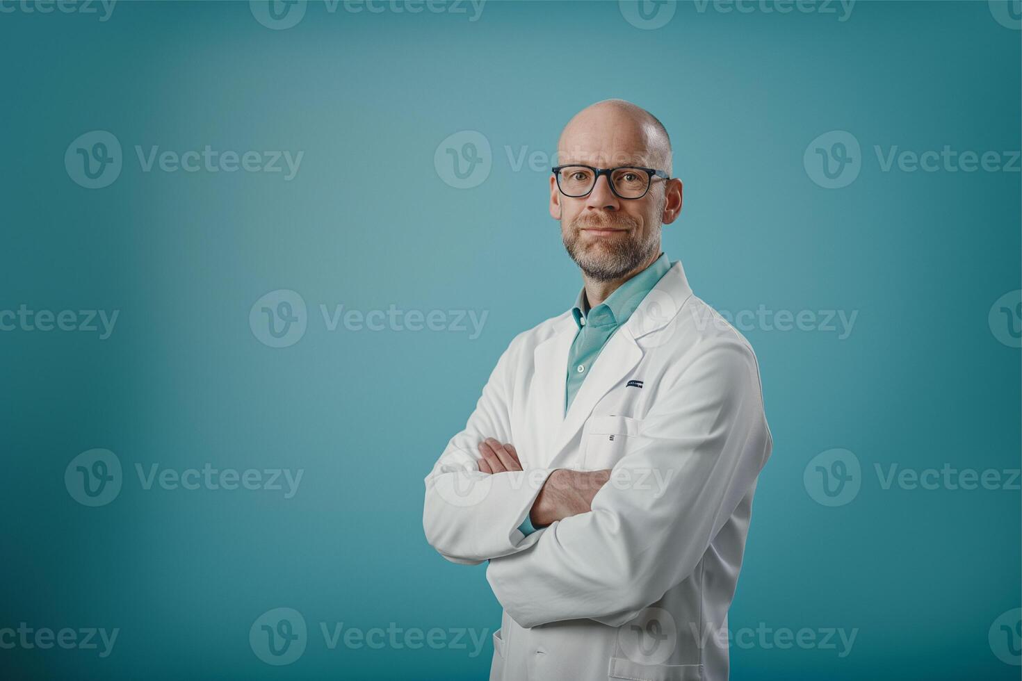 Portrait of confident young medical doctor on blue background photo
