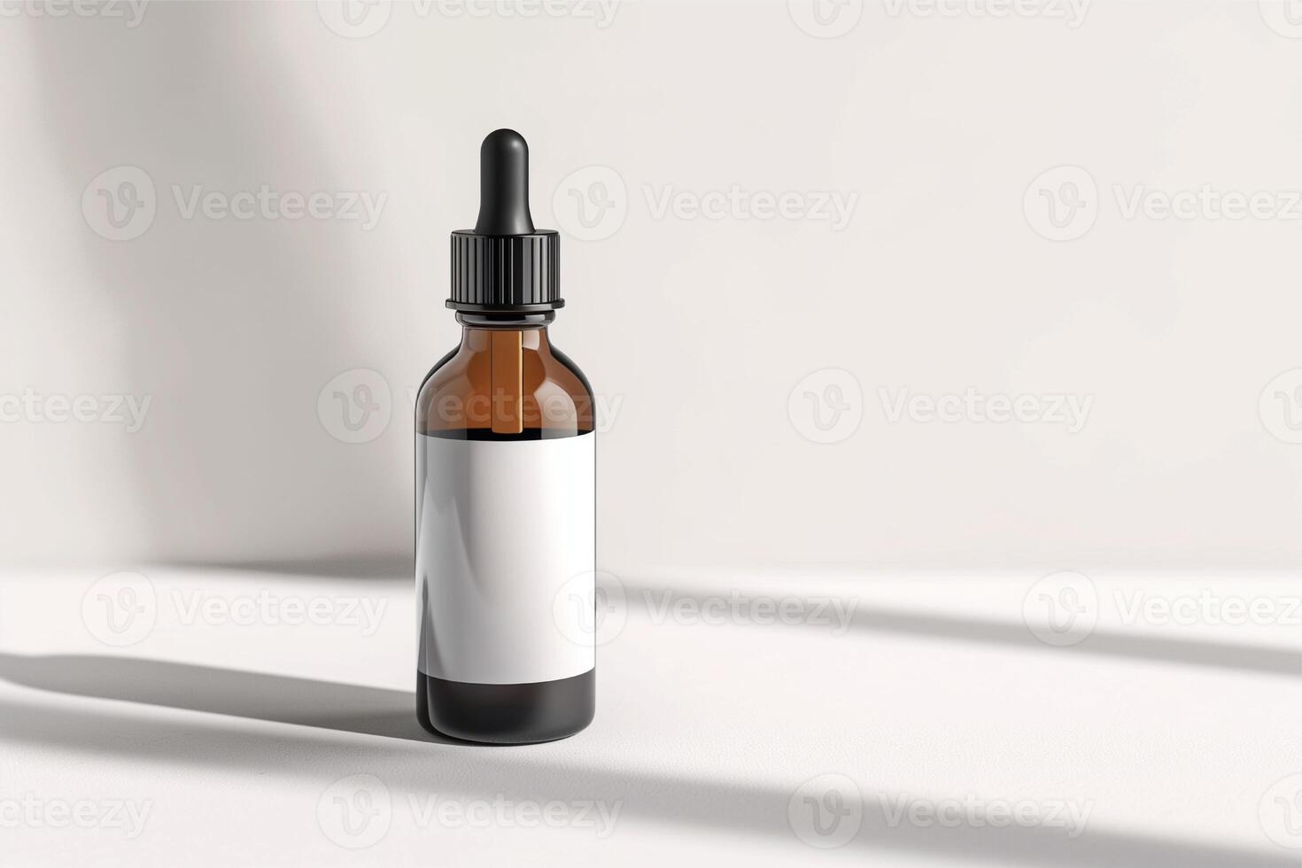 Cosmetic bottle, dropper bottle, mockup of one dark serum glass bottle with white lable isolated on white photo