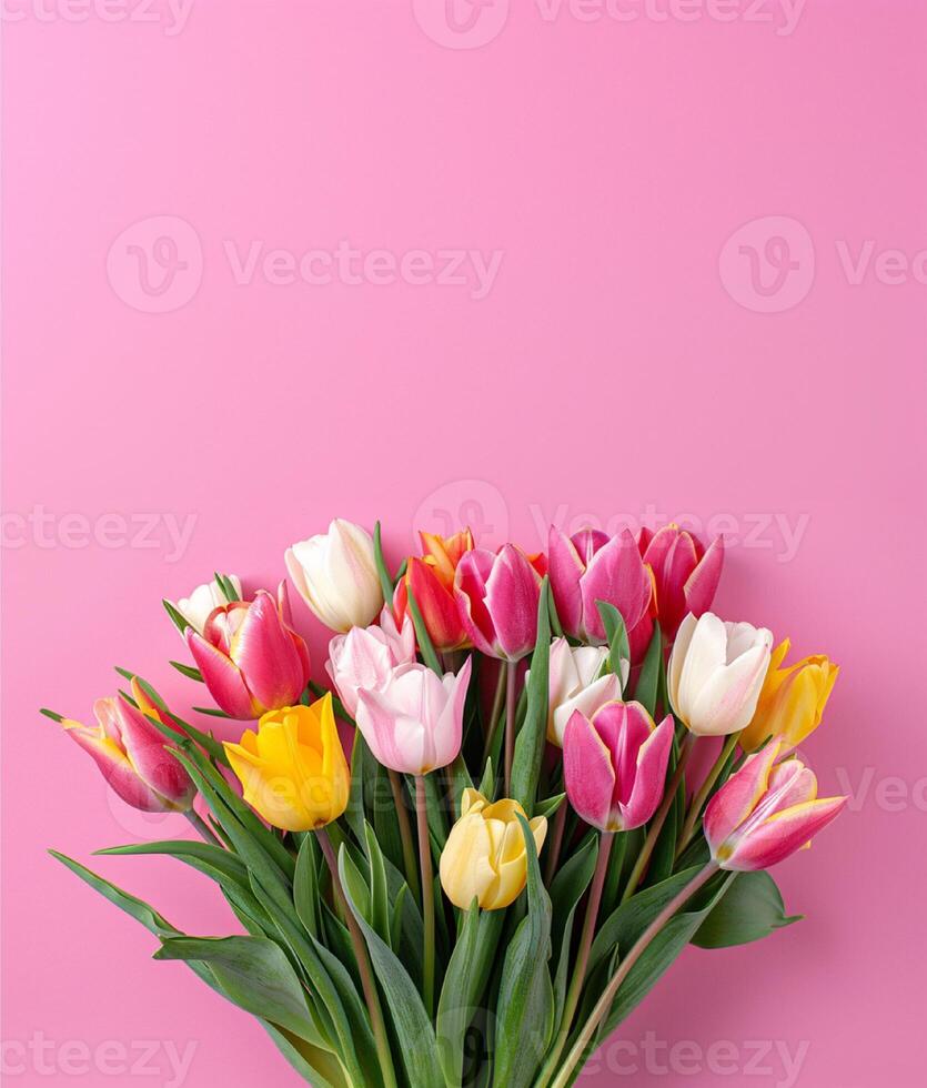 tulipán flores con diferente colores en rosado antecedentes. San Valentín día, Pascua de Resurrección, cumpleaños, contento De las mujeres día, de la madre día foto