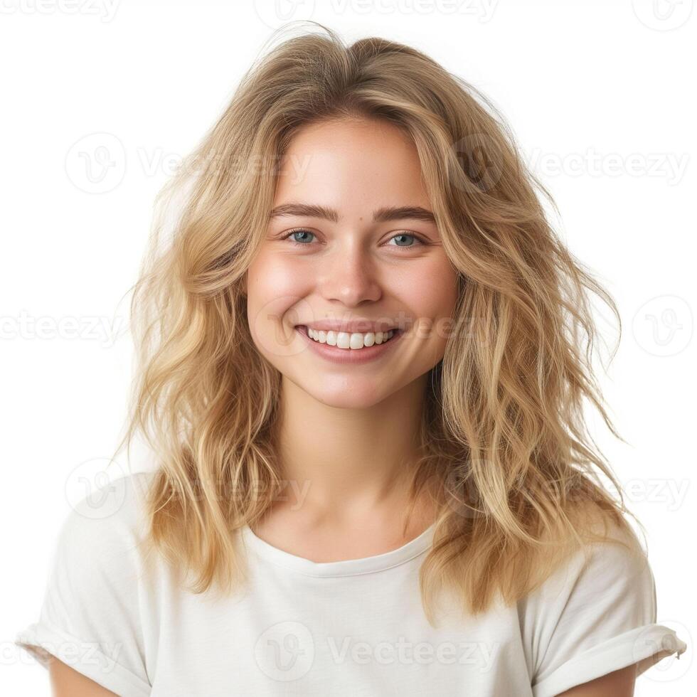 Confident blonde girl smiling isolated on white background photo