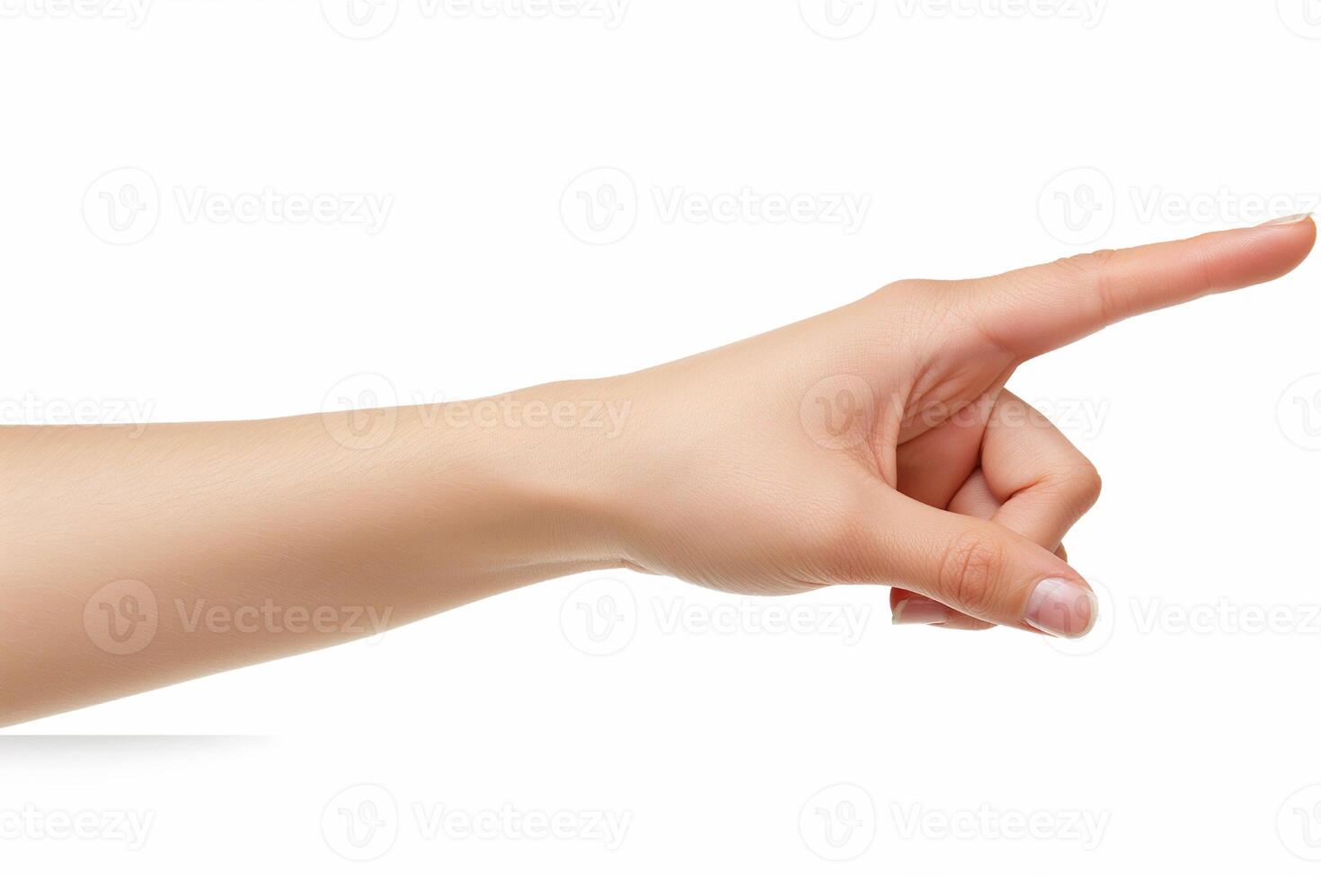 Hand pointing, woman pointing at something on white background, female hand touching or pointing to something photo