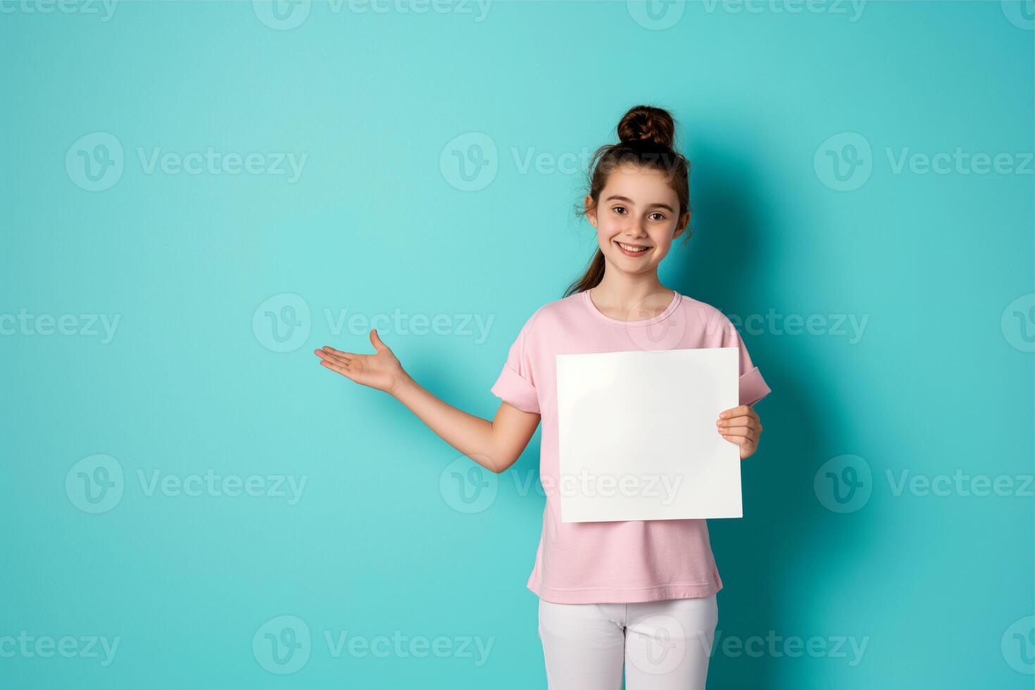 Close up of a girl holding a blank sign in her hand, hand pointing to blank space photo