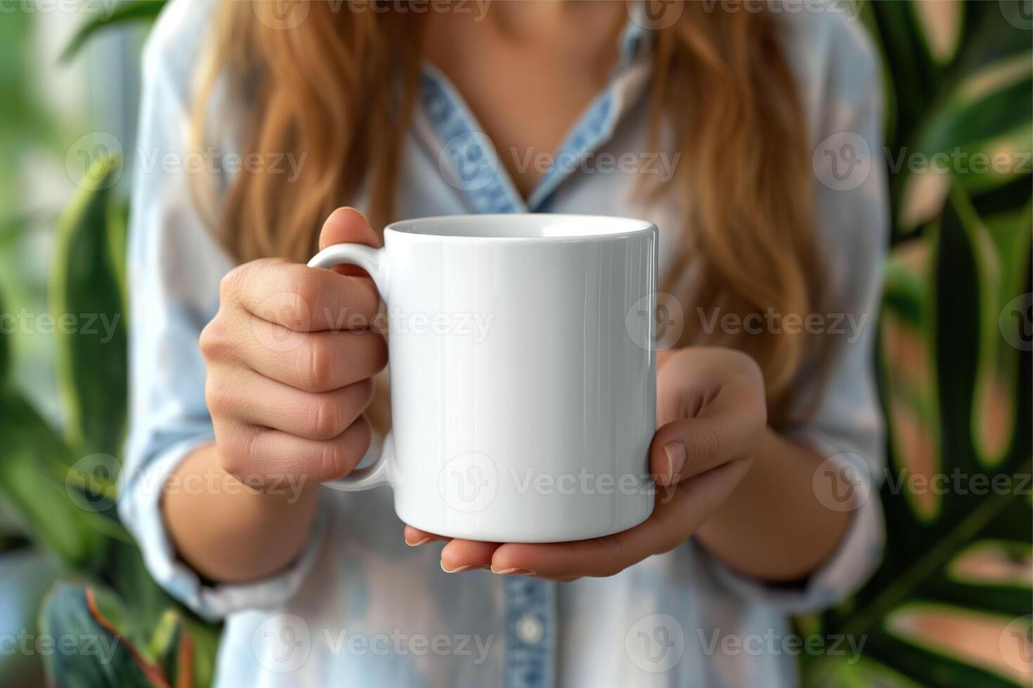 Unrecognizable girl is holding white mug in hands, Blank White Mug Mockup photo