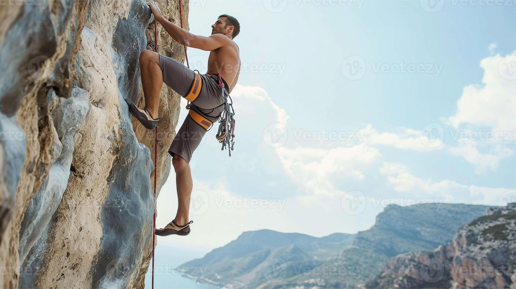 Unreasonable man climb mountain, side view of active climber photo