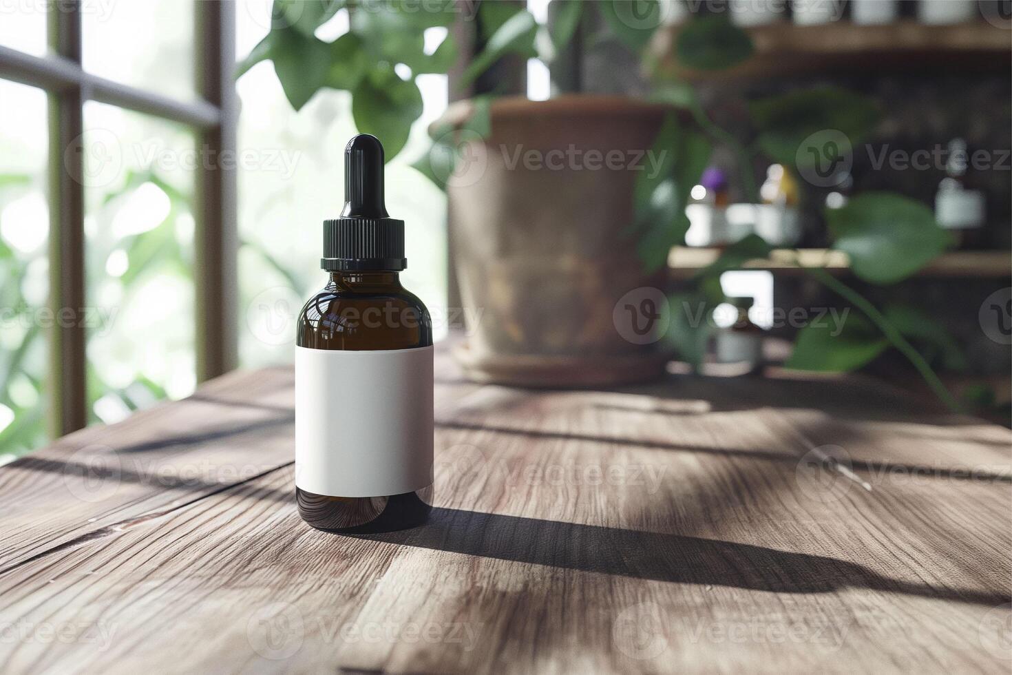 Cosmetic bottle, dropper bottle, mockup of one dark serum glass bottle with white lable on the table in the living room background photo