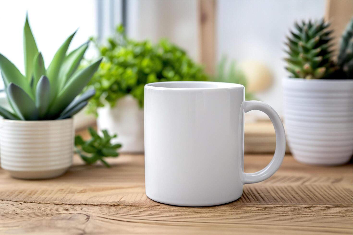 Mug mockup, Coffee mug mockup in table, White mug branding Mockup in the wooden table with cactus pot and notebook photo