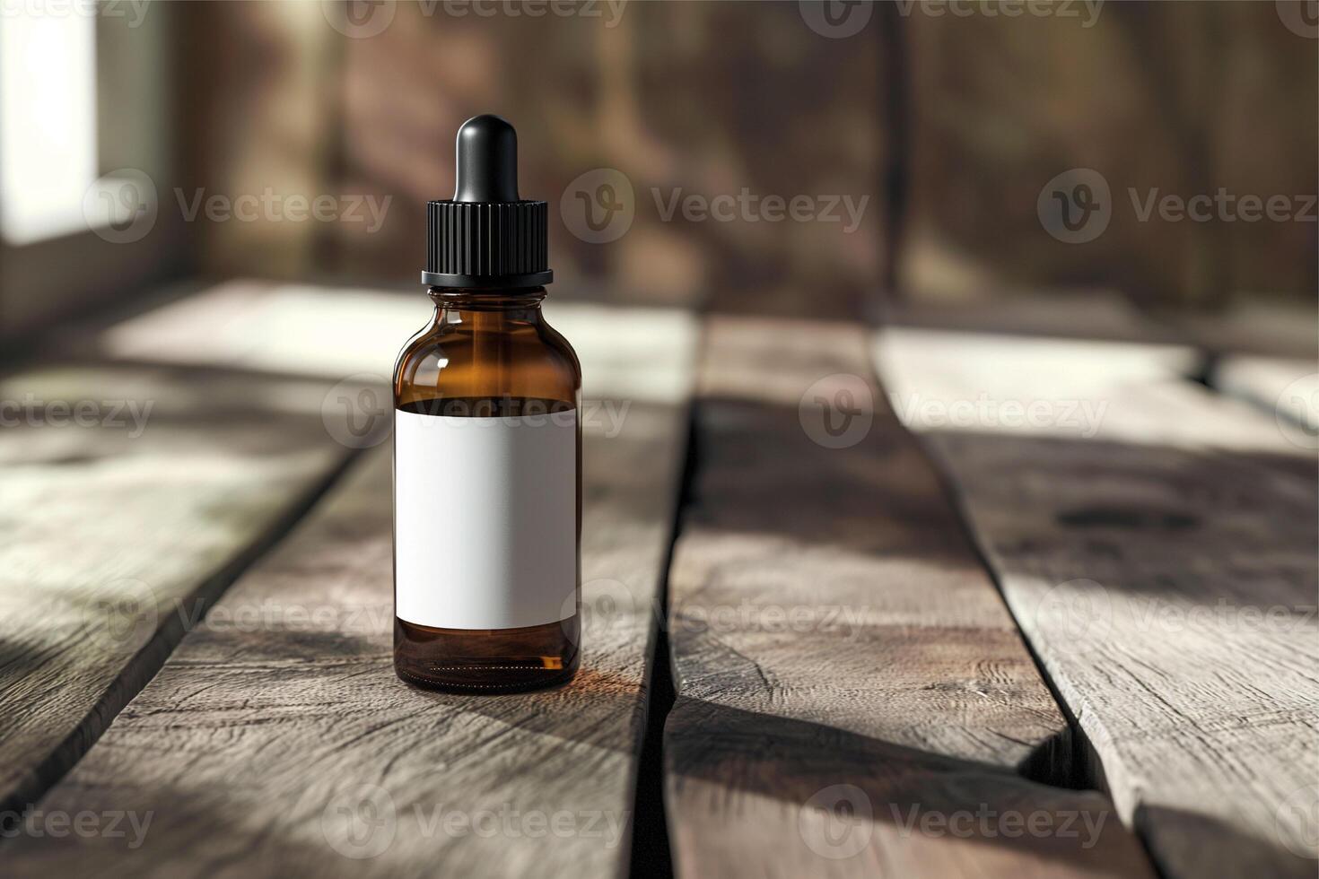 Mockup of dark serum glass bottle with white lable on the table photo