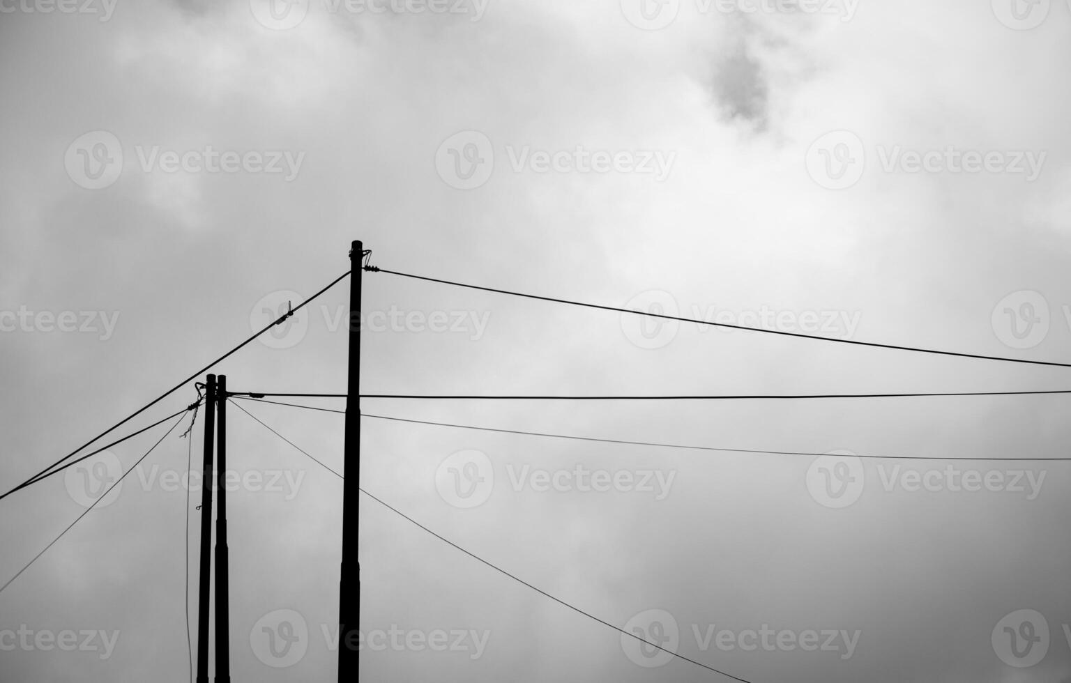 Electric poles with white clouds in the background during fog photo