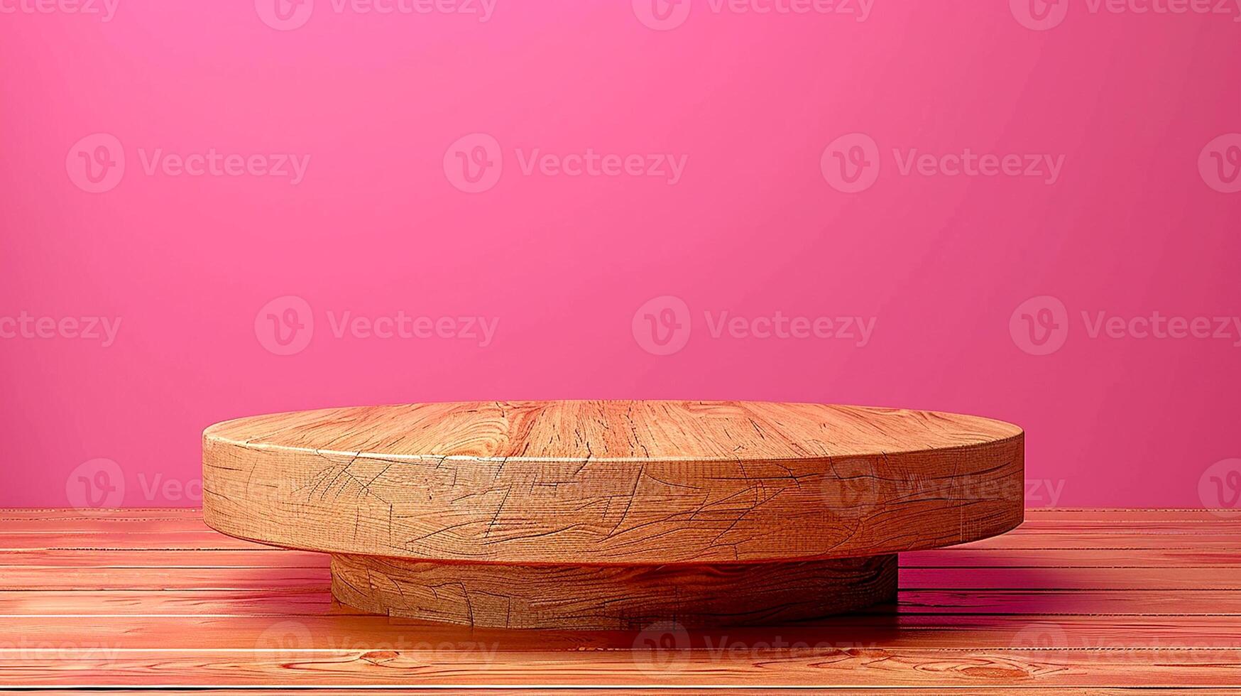 a wooden table on a pink wall photo