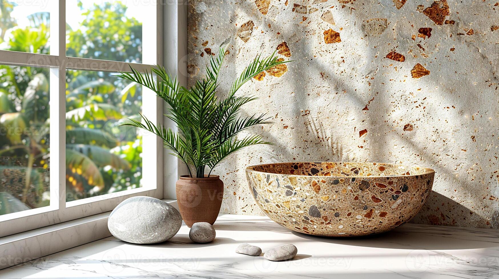 a bowl, a plant and a rock on a counter photo