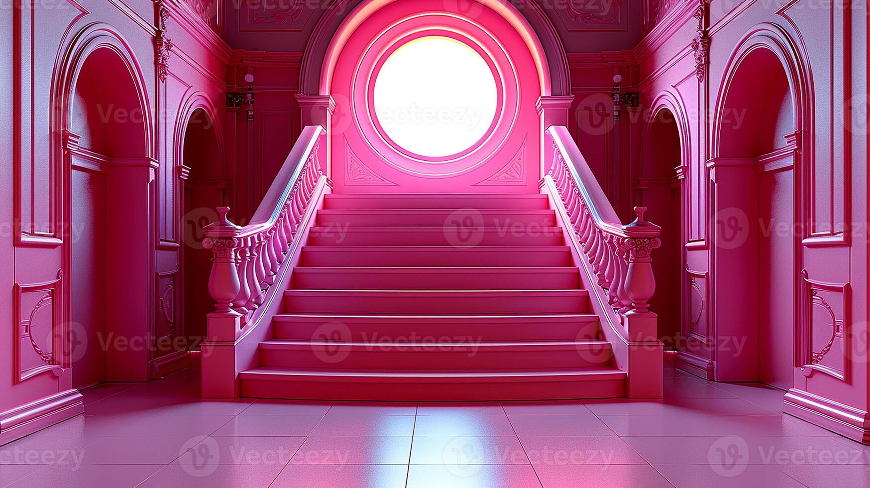 a pink stairway with a round window in the middle photo