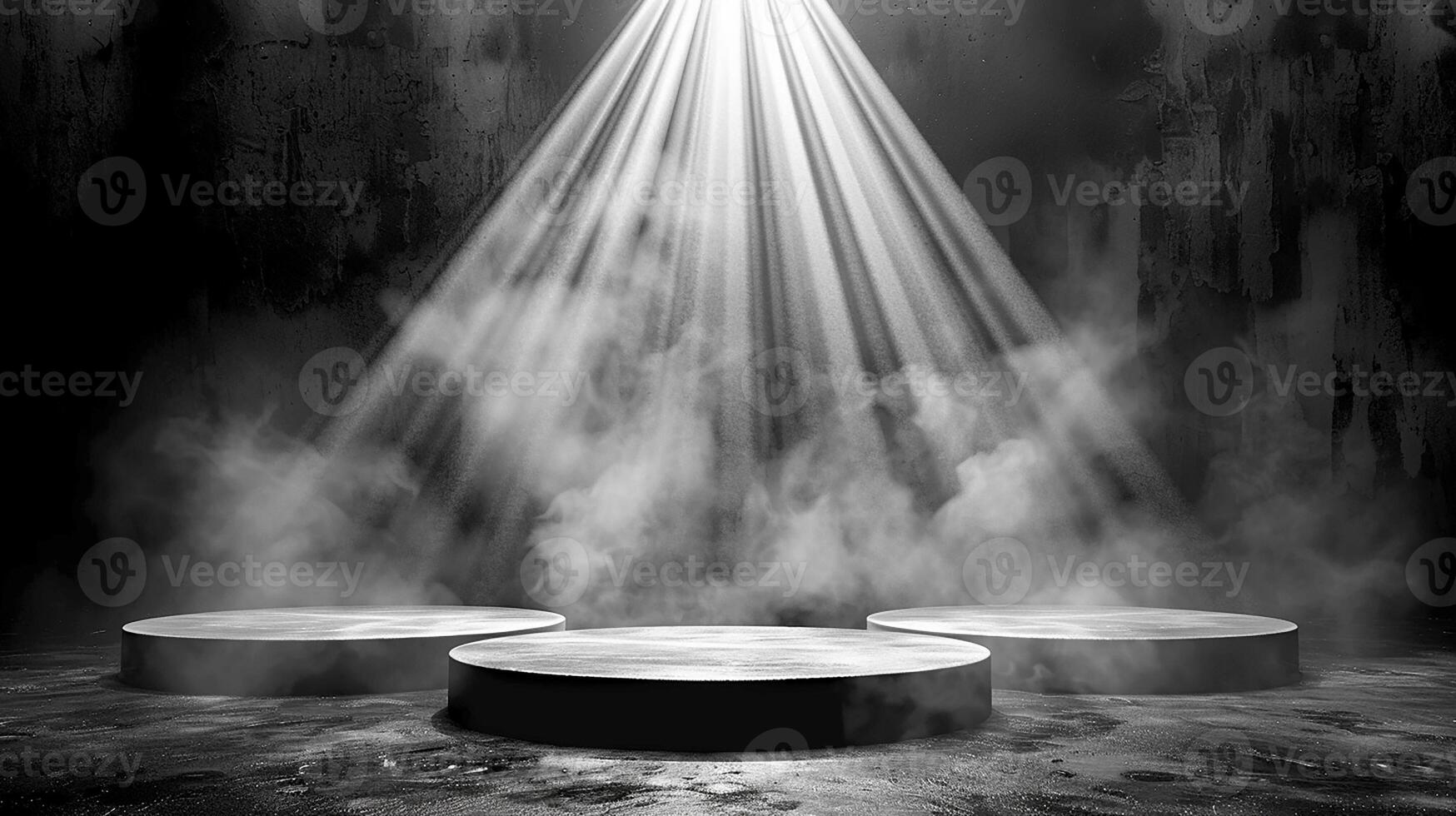 stage with smoke and light beams in black and white photo