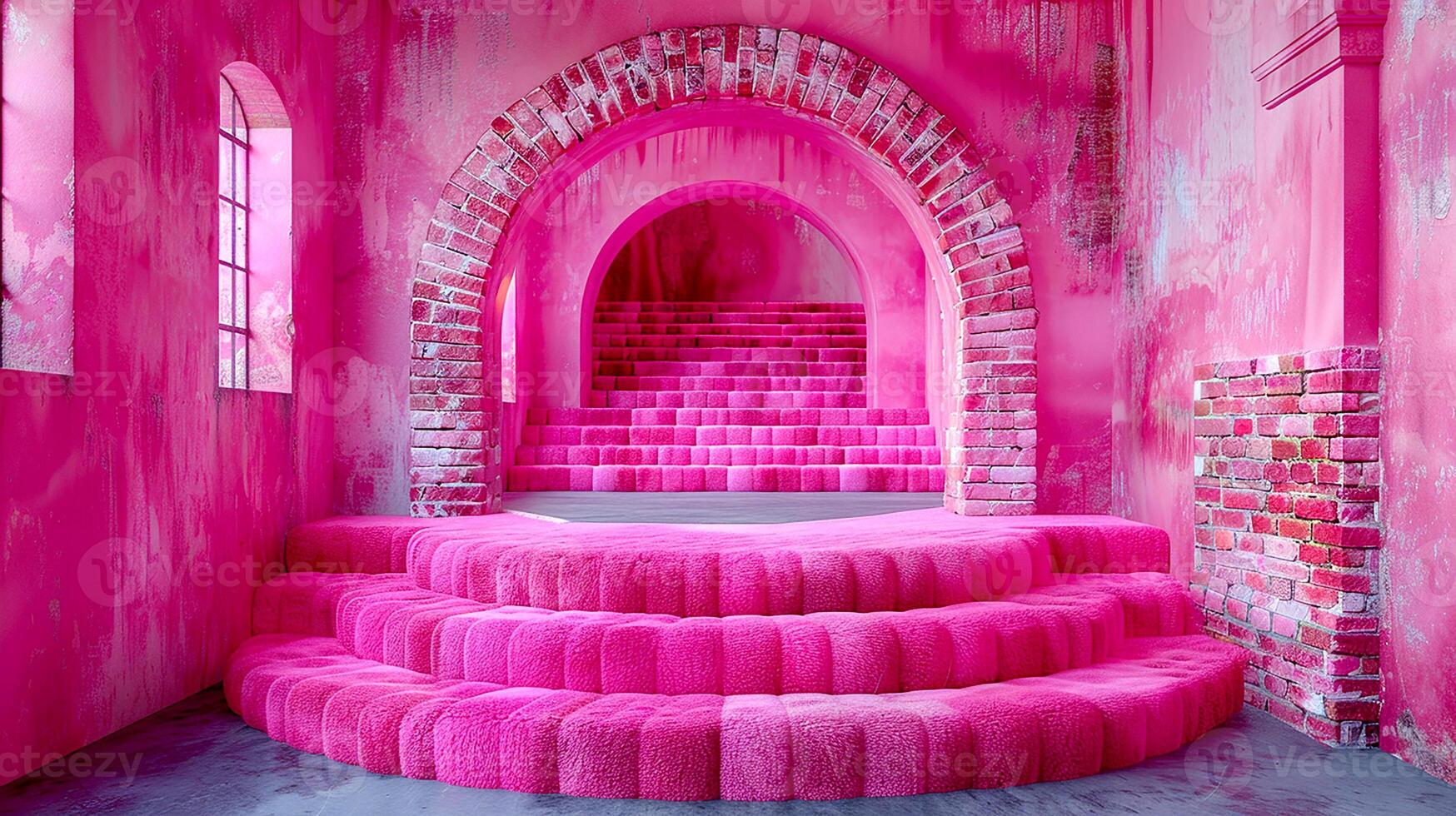 a pink room with stairs and a pink couch photo