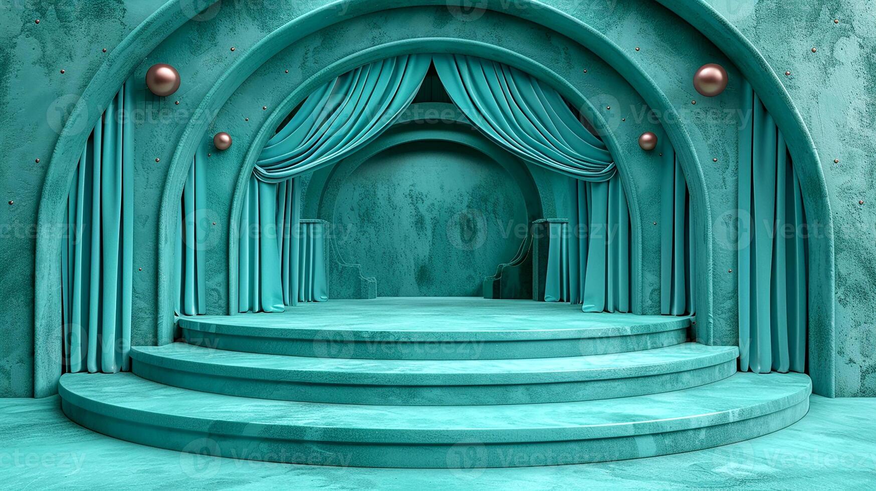 an empty stage with a curtain and a staircase photo