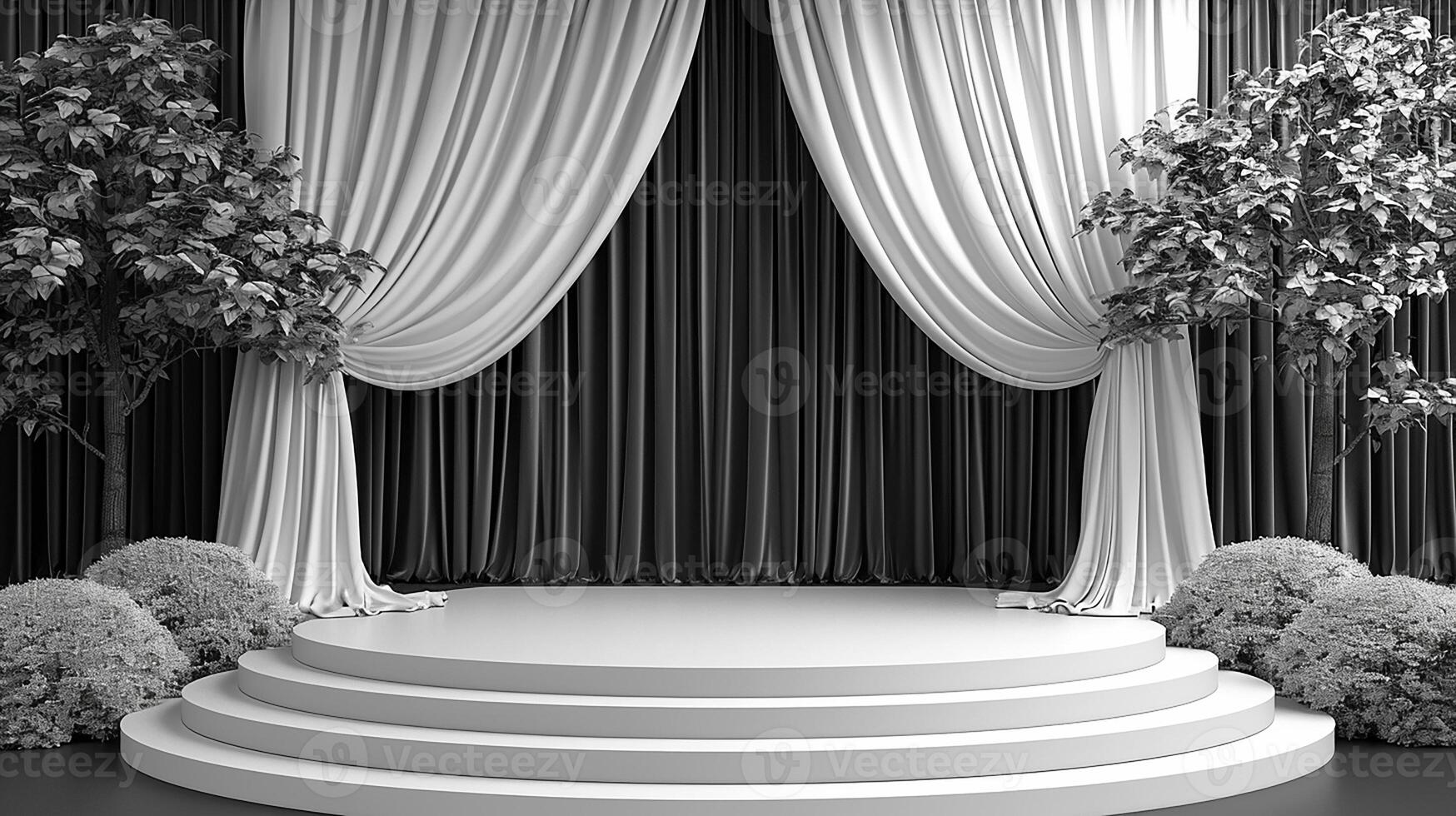 black and white photo of a stage with curtains