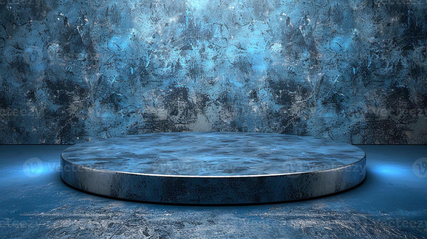 a blue stage with a round podium in front of a wall photo