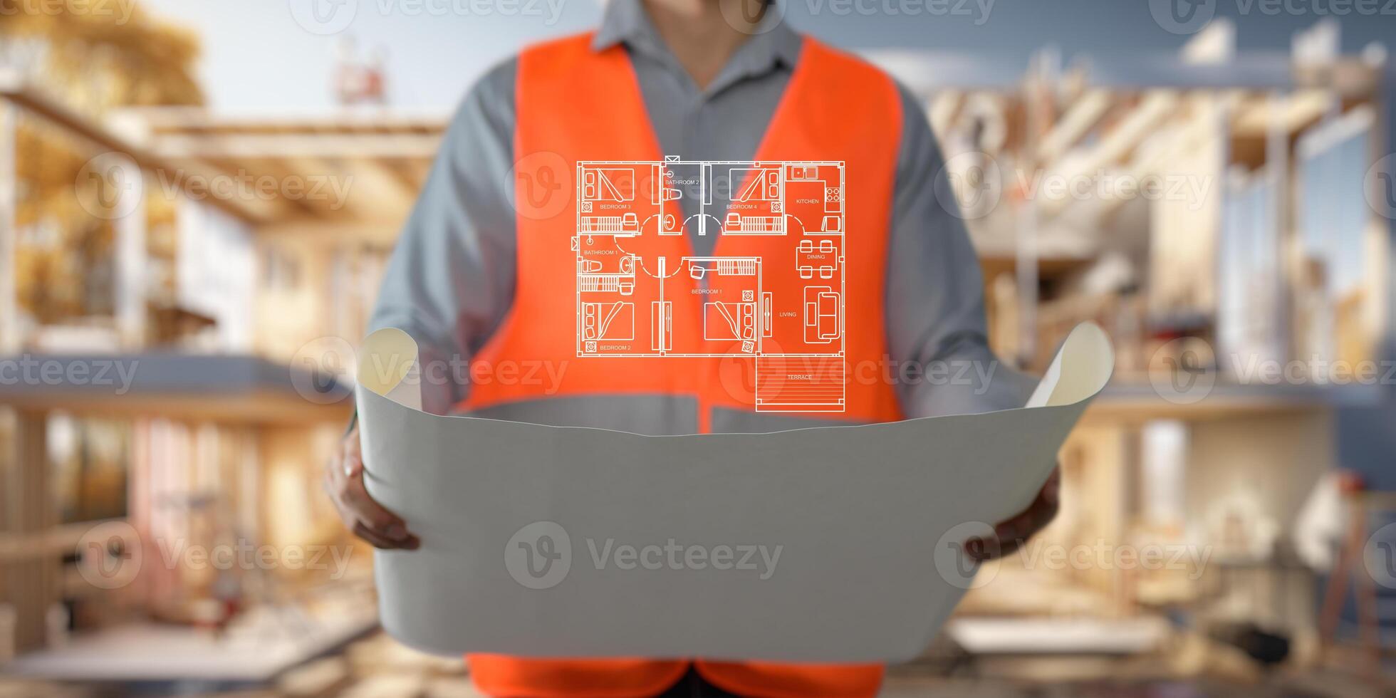 Engineer holding construction blueprint template for building, house, checking accuracy. photo