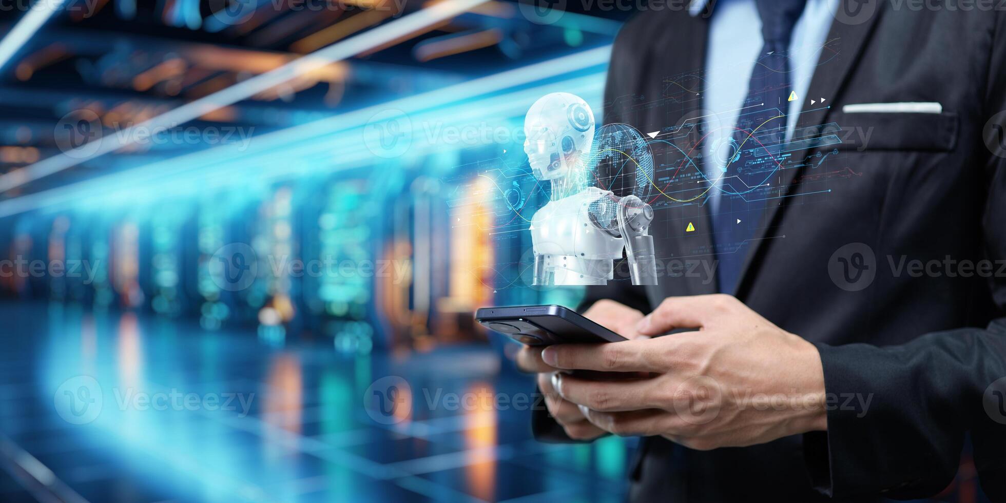 Artificial Intelligence, Ai technology, using technology smart robot AI, artificial intelligence by enter command prompt for generates something, Chat with AI, Futuristic technology transformation. photo